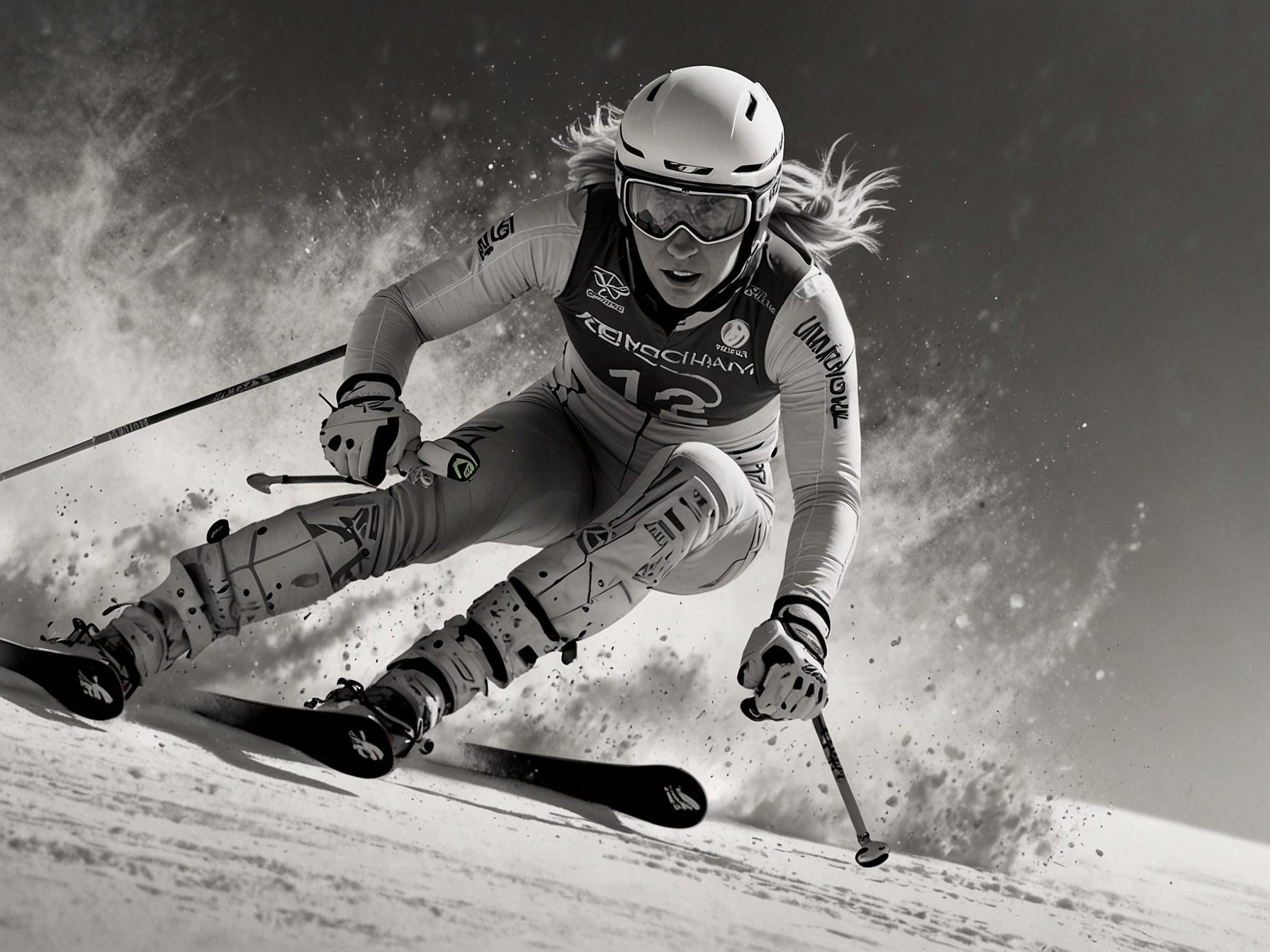 An action shot of Lindsey Vonn poised on her skis, gliding down a snowy slope with determination, capturing her competitive spirit and dedication to skiing.