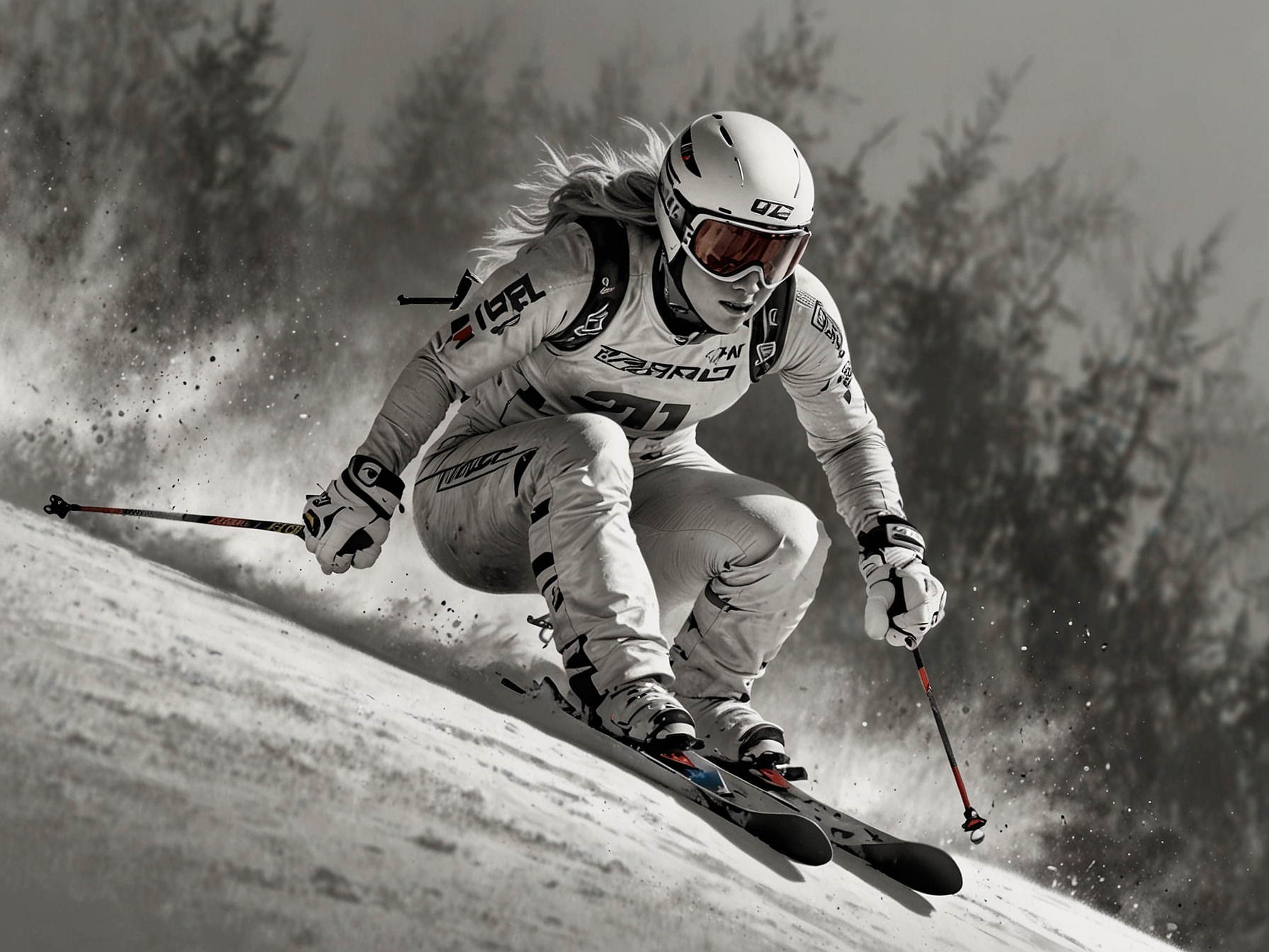 A focused Lindsey Vonn training on the slopes, surrounded by young skiers, symbolizing her role as a mentor and source of inspiration for the new generation.