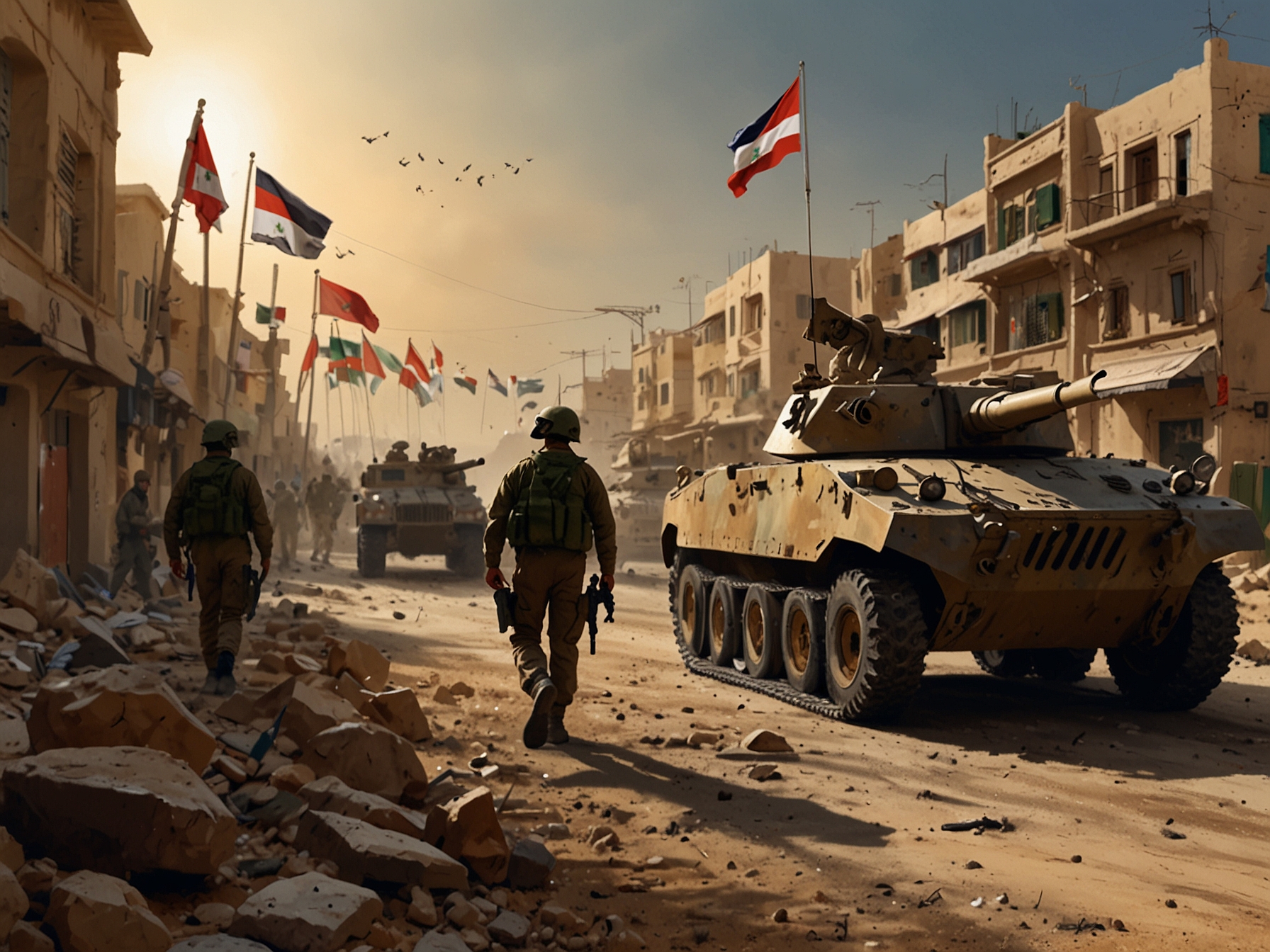 An image illustrating the tense atmosphere in the Middle East, showing soldiers from Israel and Lebanon engaged in discussions, with a backdrop of military vehicles and flags to symbolize the ceasefire agreement amidst chaos.