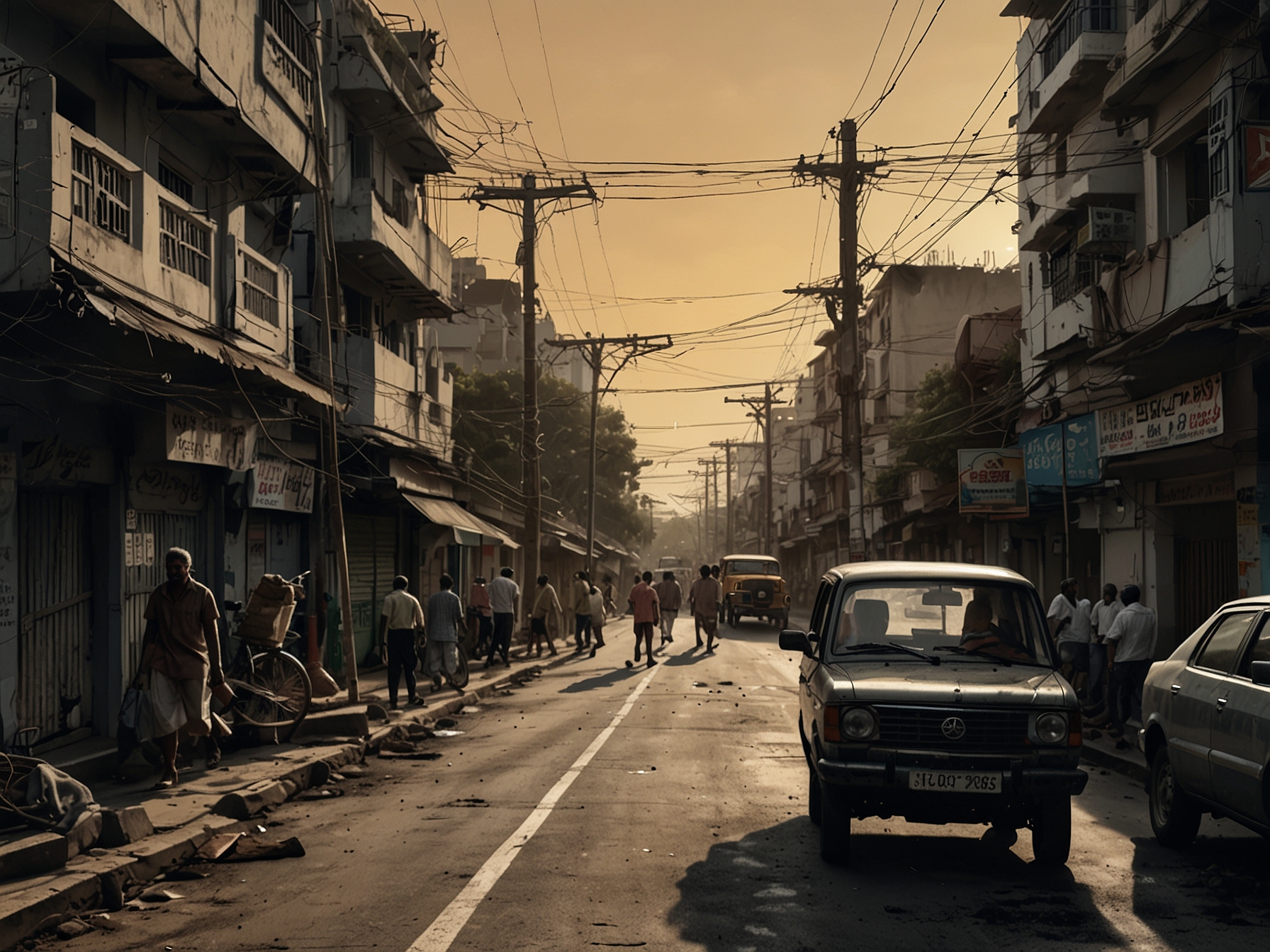An image showing a busy Chennai street with power lines and people navigating through the day amidst ongoing maintenance work, highlighting the disconnect caused by power outages.