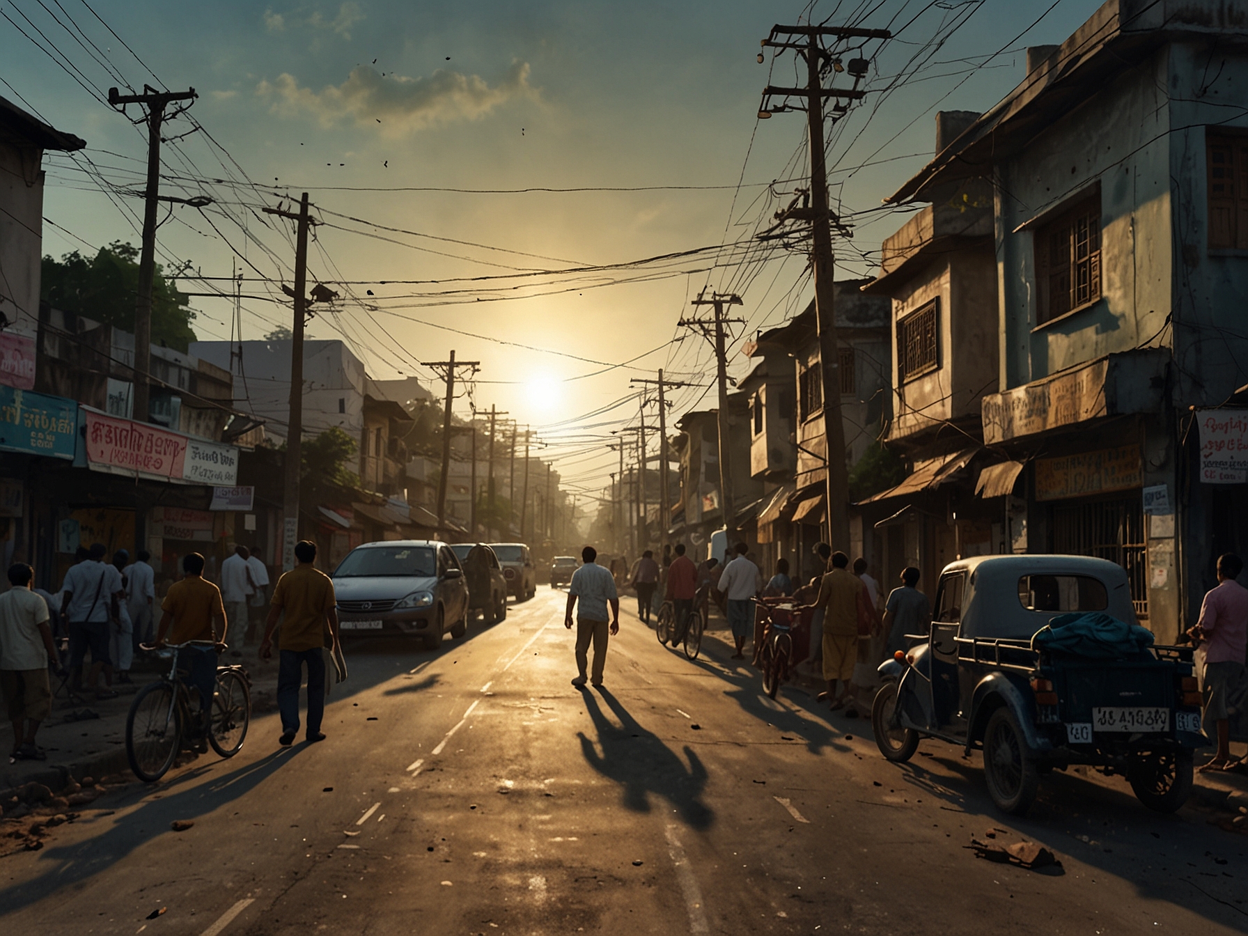 A neighborhood in Chennai darkened by the power shutdown, showcasing residents adapting to life without electricity while preparing for potential weather disruptions.