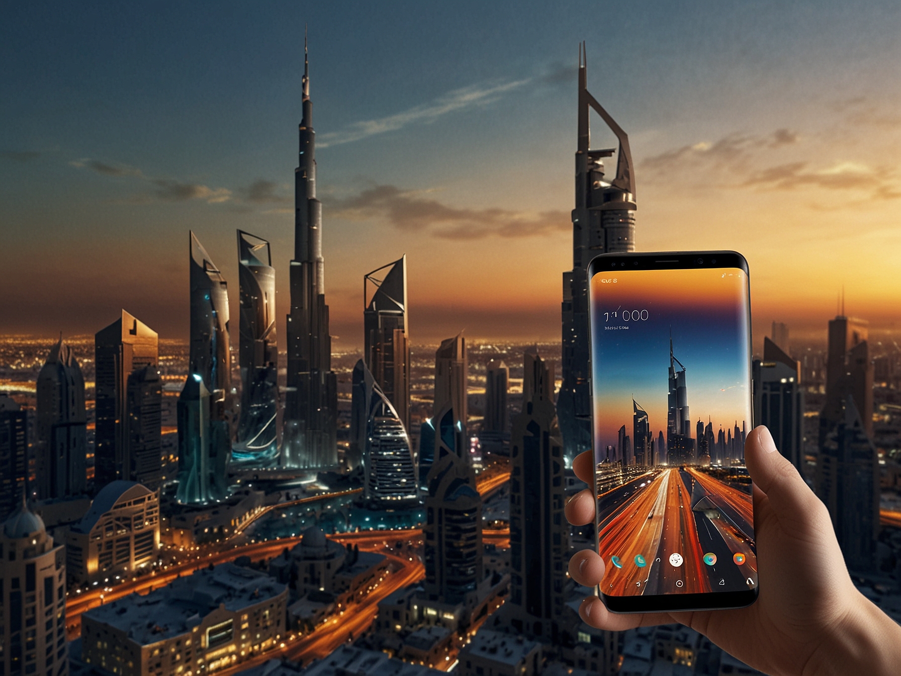 An image showcasing the iQOO 13 smartphone on a vibrant Dubai street, with a stunning skyline in the background, emphasizing its camera features and design.