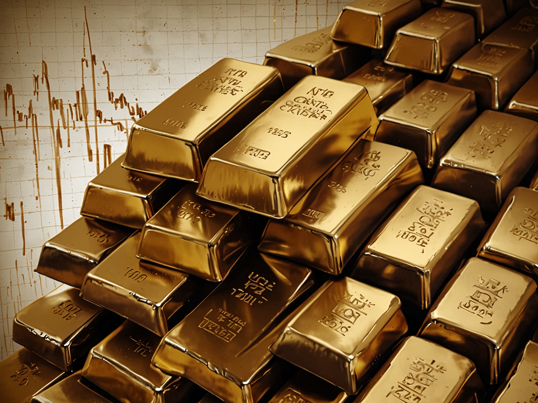 A close-up of gold bars stacked neatly with a rising graph in the background, symbolizing the recent surge in Antam gold prices and market interest.