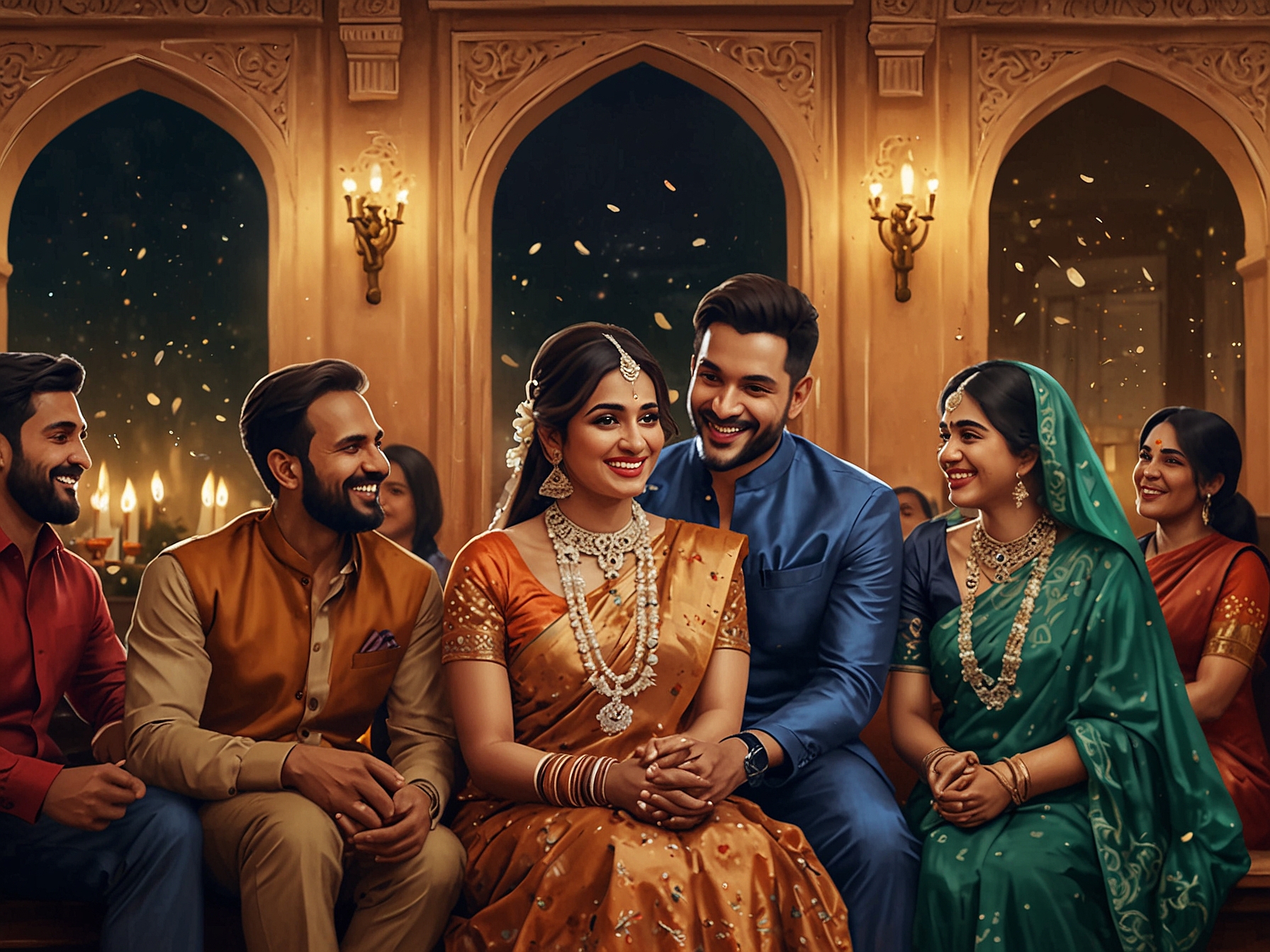 Akhil and Zainab joyfully pose together, showcasing their engagement ring surrounded by family members who are celebrating, creating a warm and intimate atmosphere.