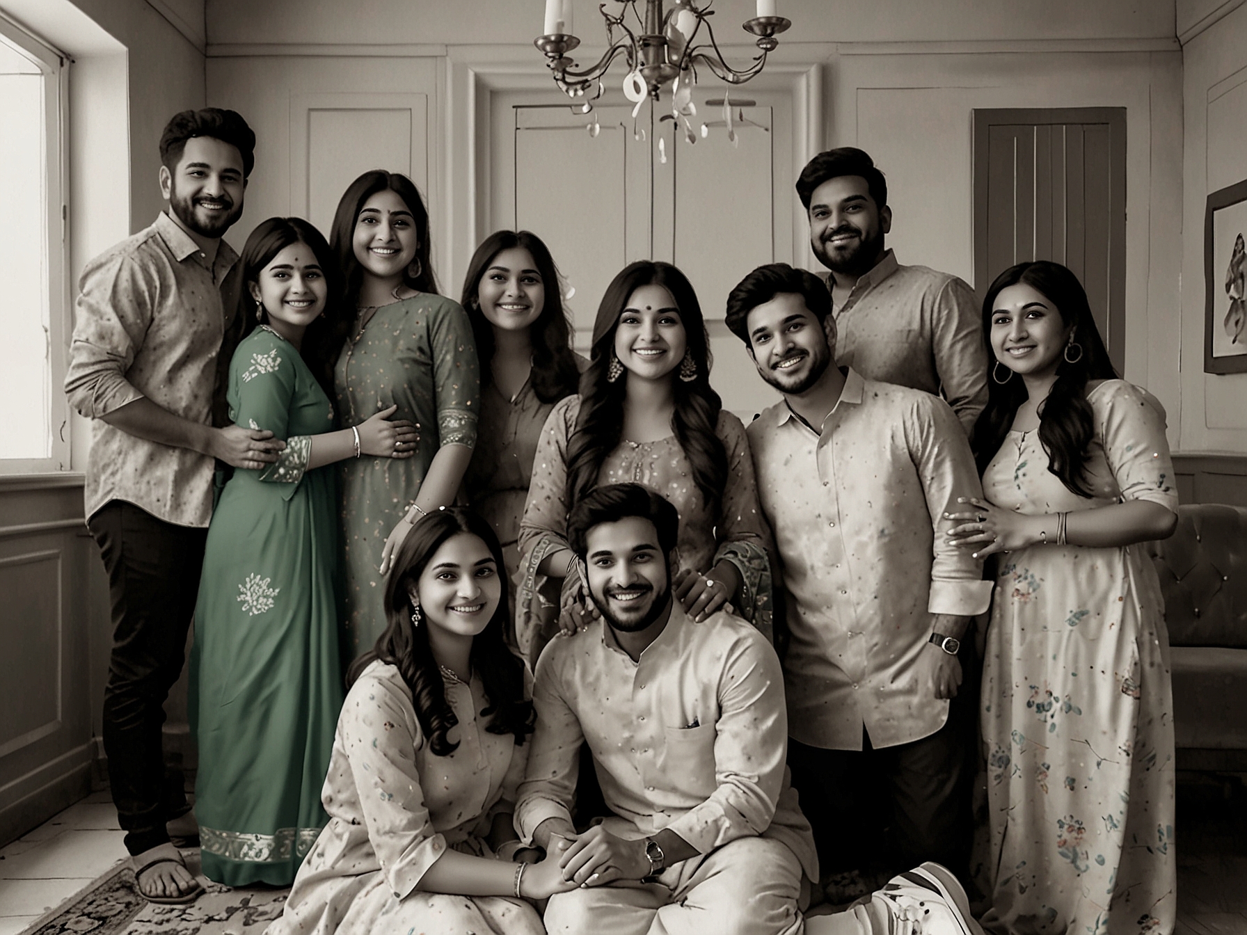 A vibrant gathering at the Akkineni family home, with laughter and joy filling the air as family members come together to celebrate Akhil and Zainab's engagement.