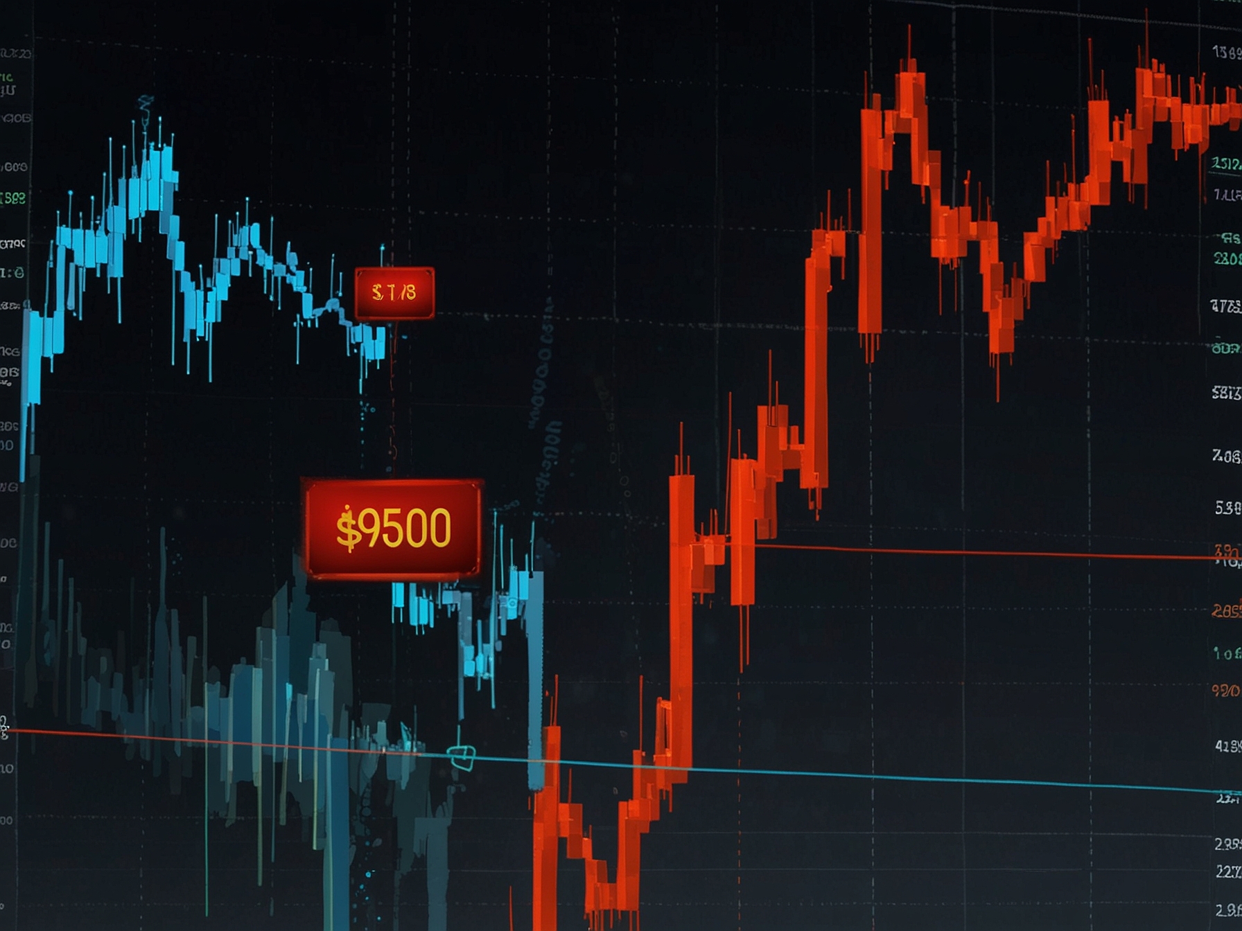 An illustration depicting a busy Wall Street scene with traders reacting to news about Bitcoin's market crash alongside visuals of cryptocurrency logos to emphasize the chaos.