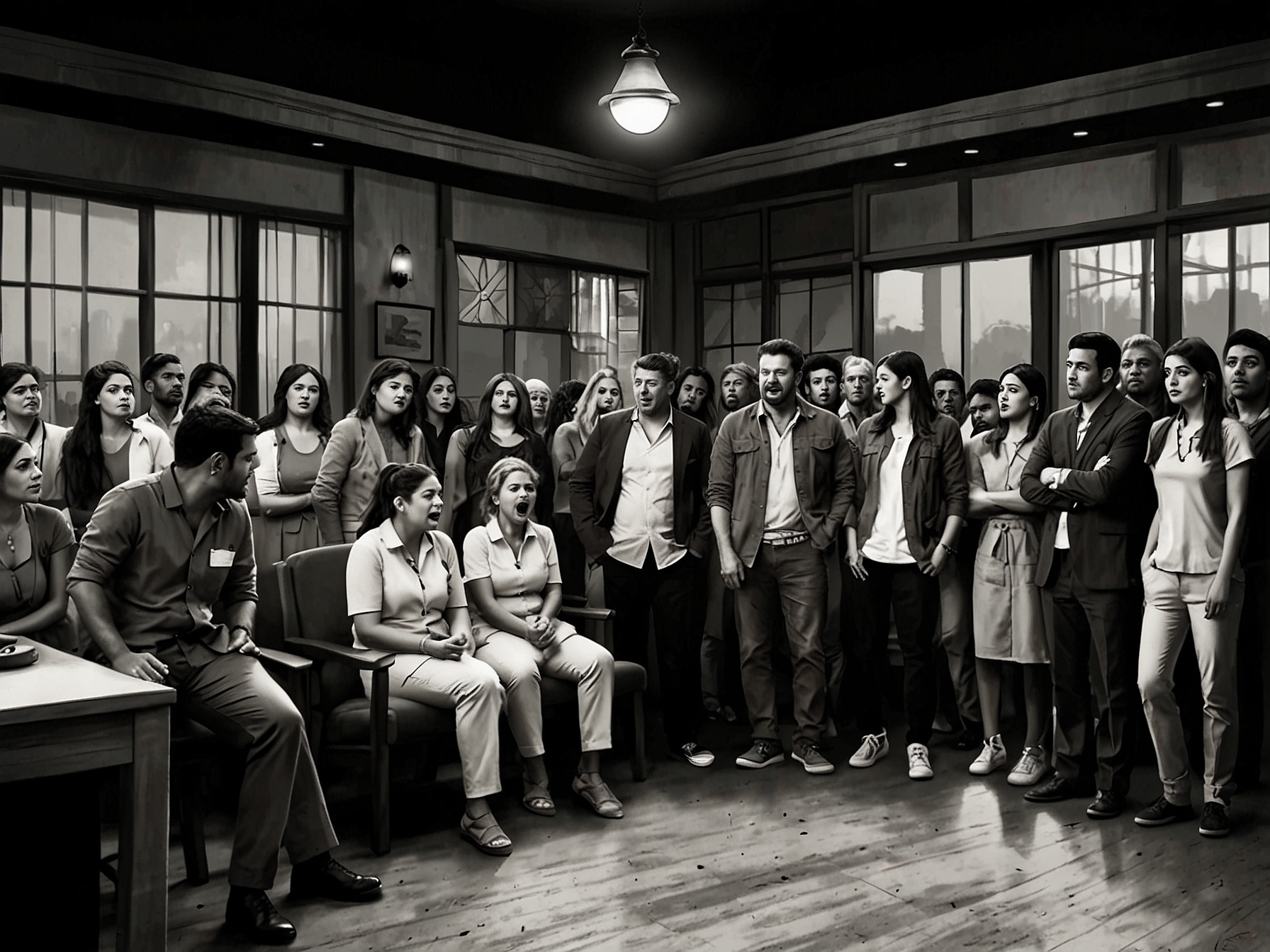 An intense scene in the Bigg Boss house showing contestants reacting to eviction news, with shocked expressions and emotional faces that capture the drama of reality TV.