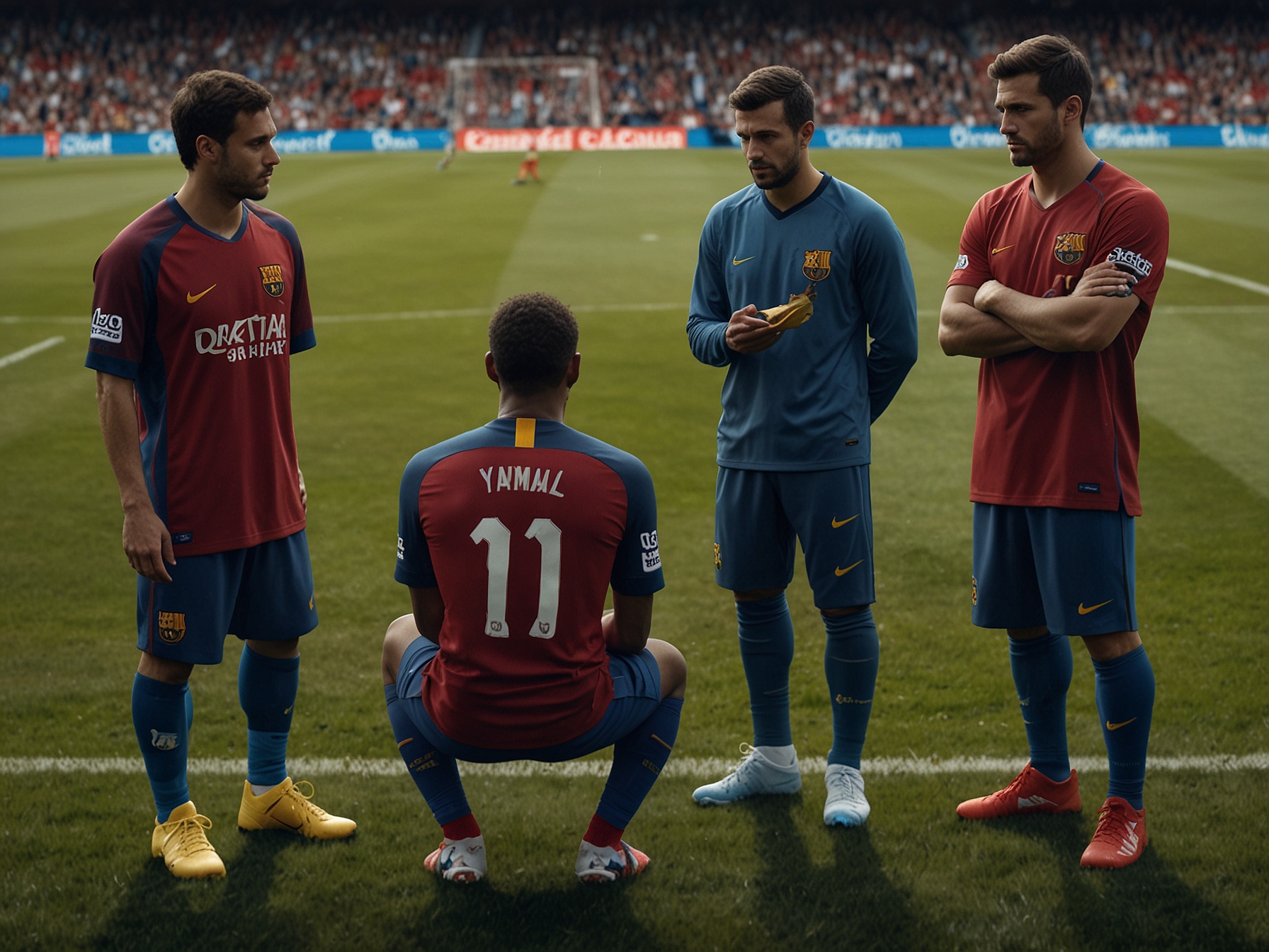 A tense moment on the pitch shows FC Barcelona players discussing strategy, with an empty spot symbolizing Lamine Yamal's absence, underscoring the pressure they face against Brest.