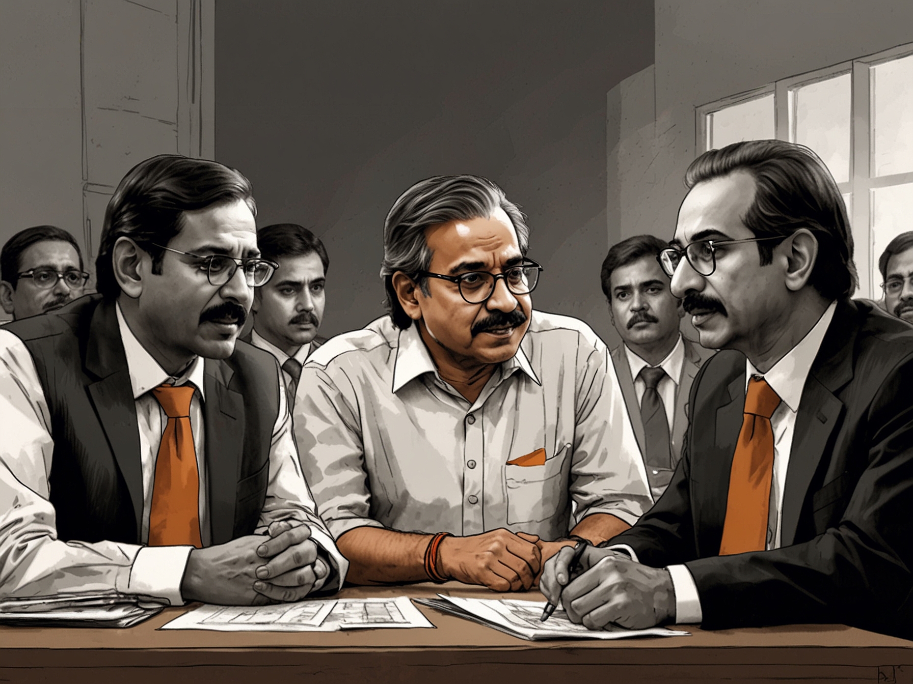 A tense political meeting scene with leaders from the BJP and Shiv Sena engaged in discussions, with expressions showing determination and concern. Papers and mobile devices are on the table, symbolizing urgent negotiations.