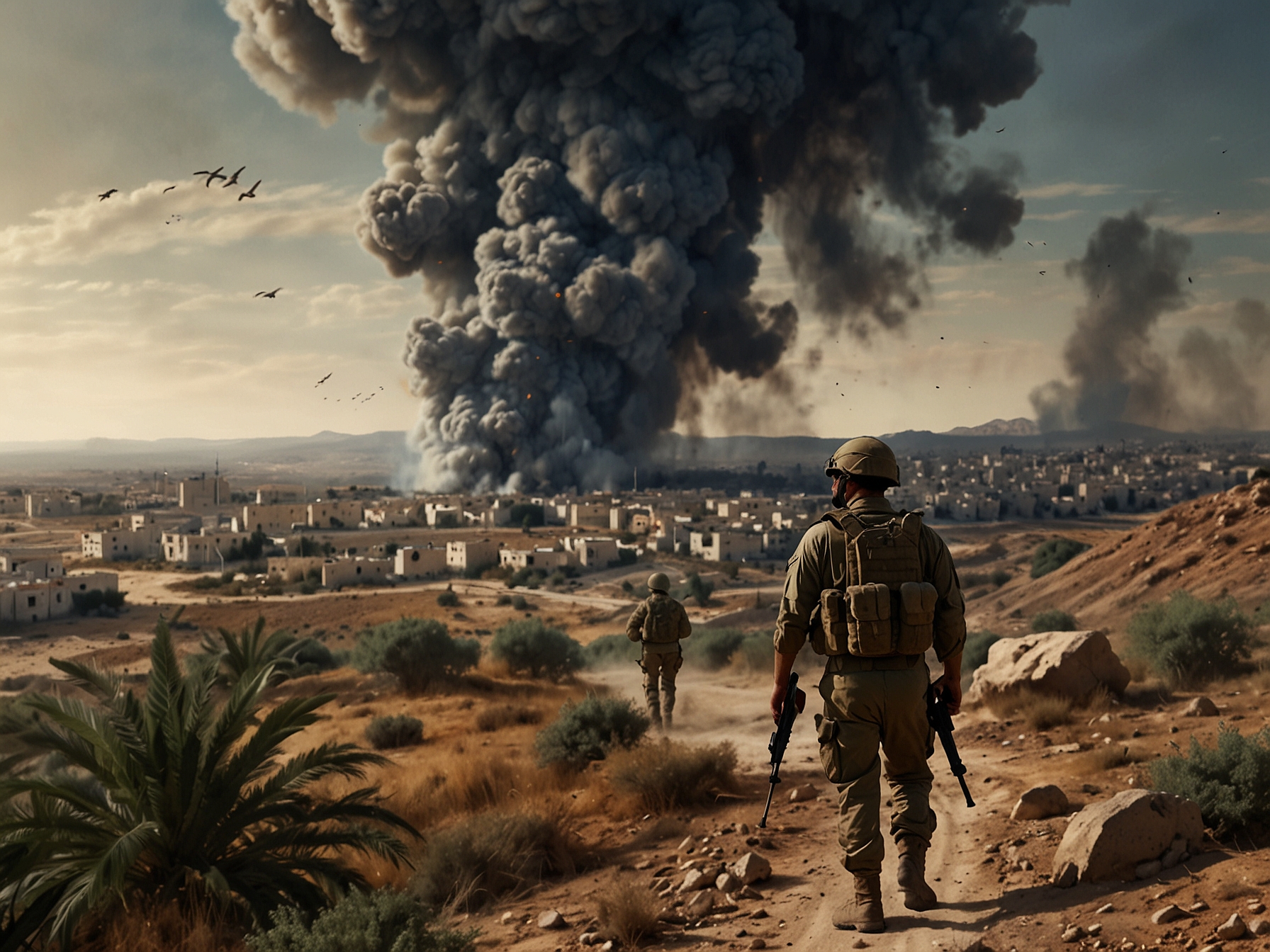 An image depicting a tense military landscape along the Israeli-Lebanese border, showcasing soldiers on alert with distant smoke from explosions in Beirut, highlighting the fragility of the ceasefire.