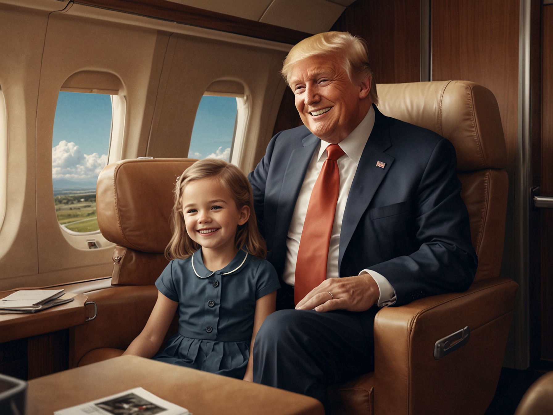 A cheerful Kai Trump capturing a moment with her grandfather, Donald Trump, on a private jet, embodying a warm and loving family dynamic.