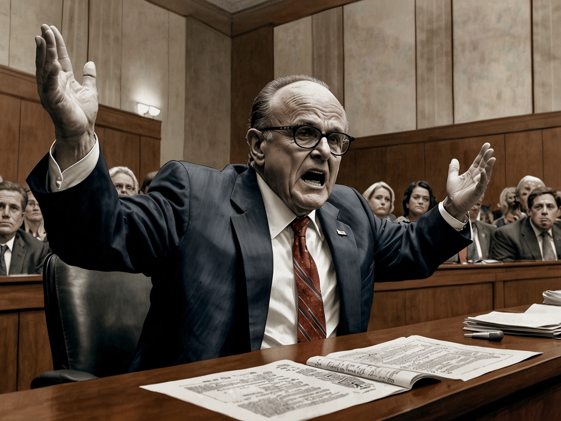 A tense courtroom scene shows Rudy Giuliani passionately defending himself, with a worried expression and raised hands, embodying his frustration during the hearing about his financial woes.