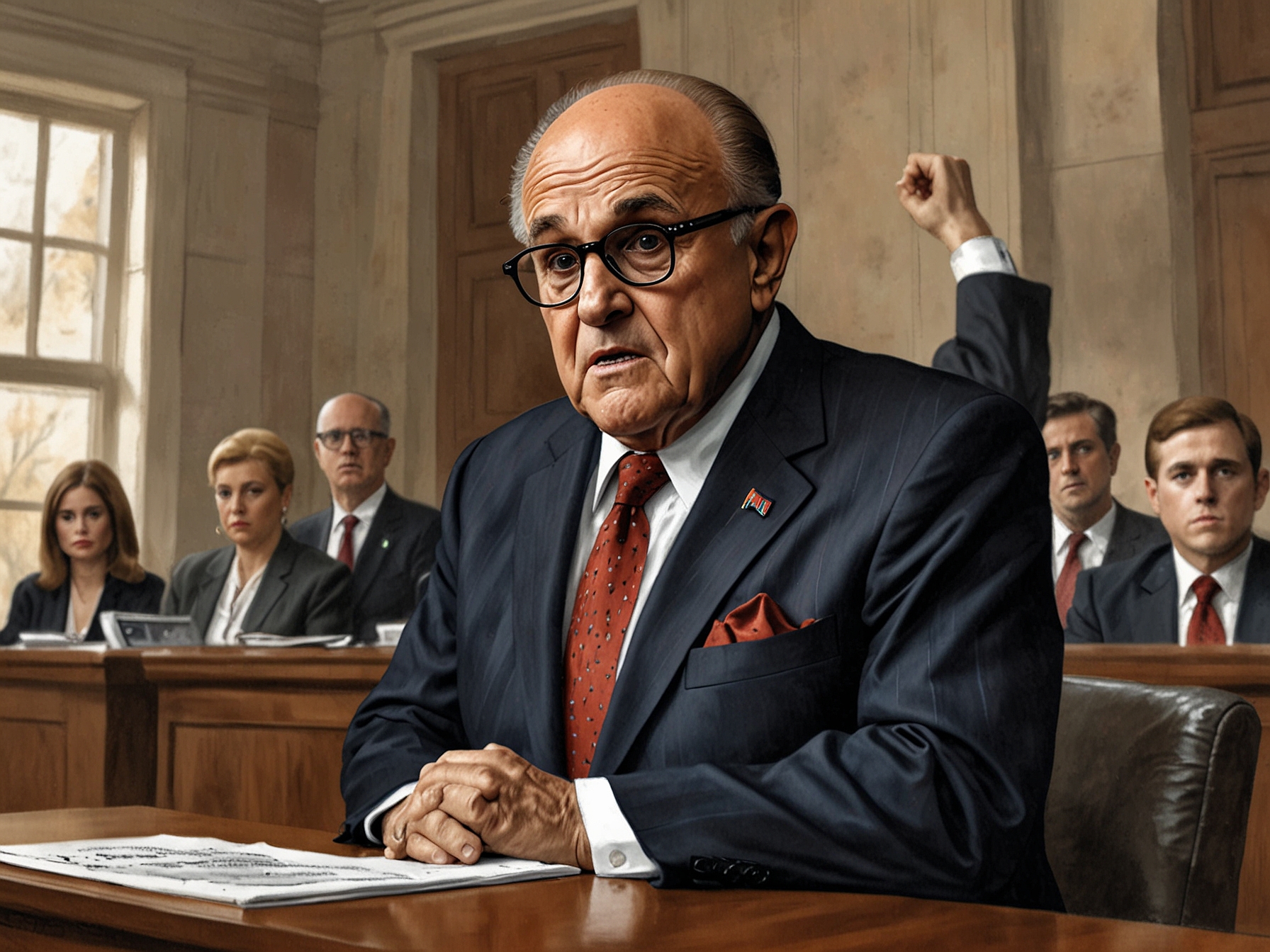 A close-up of a gavel striking, symbolizing the judicial determination in Rudy Giuliani's case, with blurred backgrounds of lawyers and onlookers conveying the courtroom's tense atmosphere.