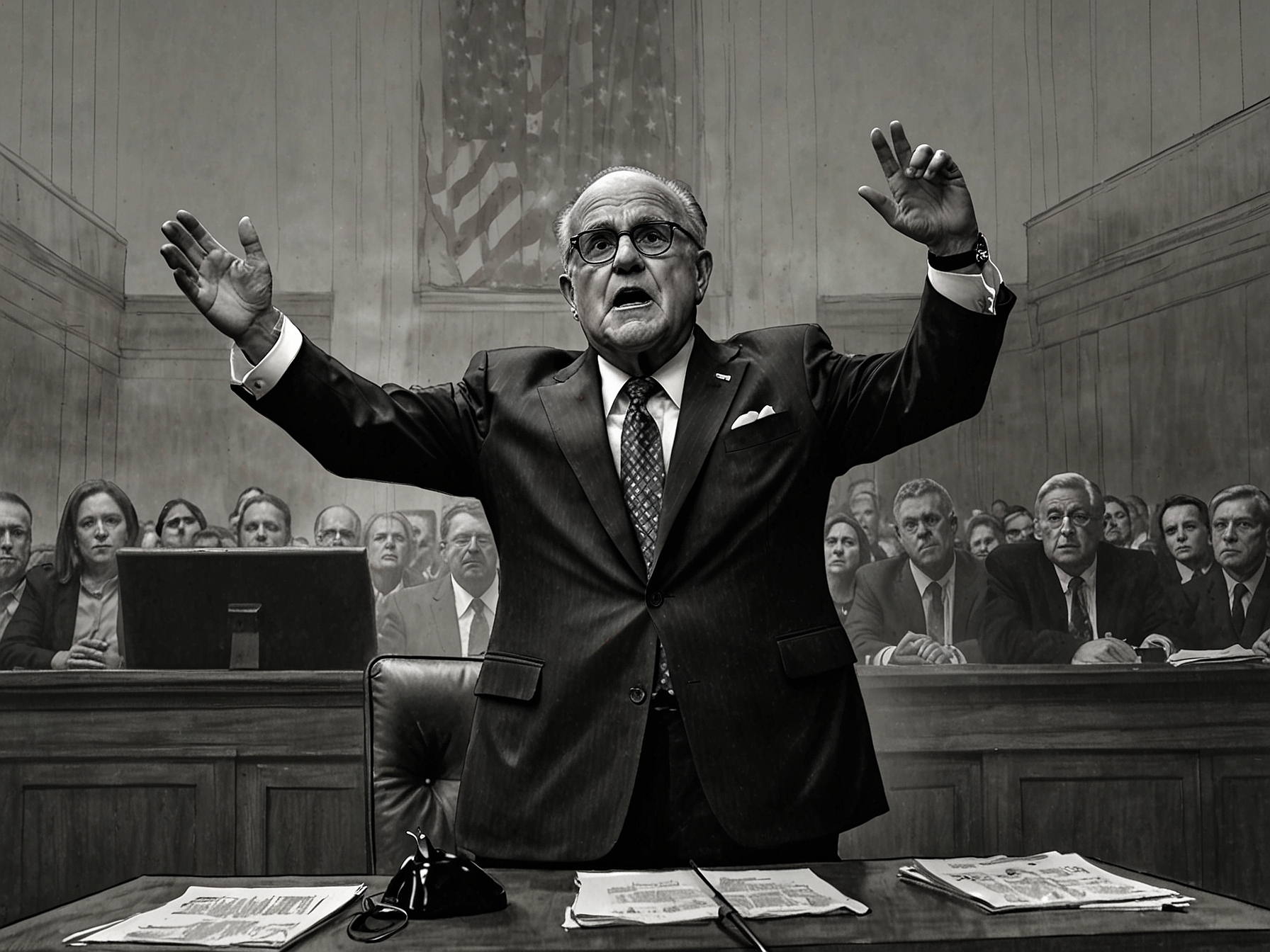 An abstract image of scales of justice against a backdrop of the American flag, representing the themes of accountability and justice that highlight Rudy Giuliani's current legal struggles.