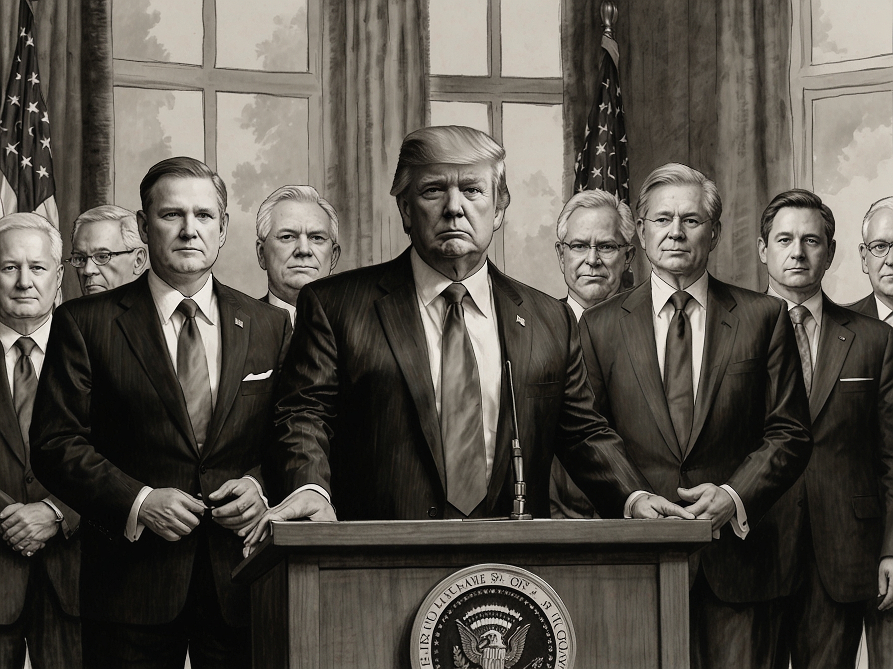 An illustration of President-elect Trump announcing his key appointments, featuring Jamieson Greer, John Phelan, and other key members during a press conference setting.