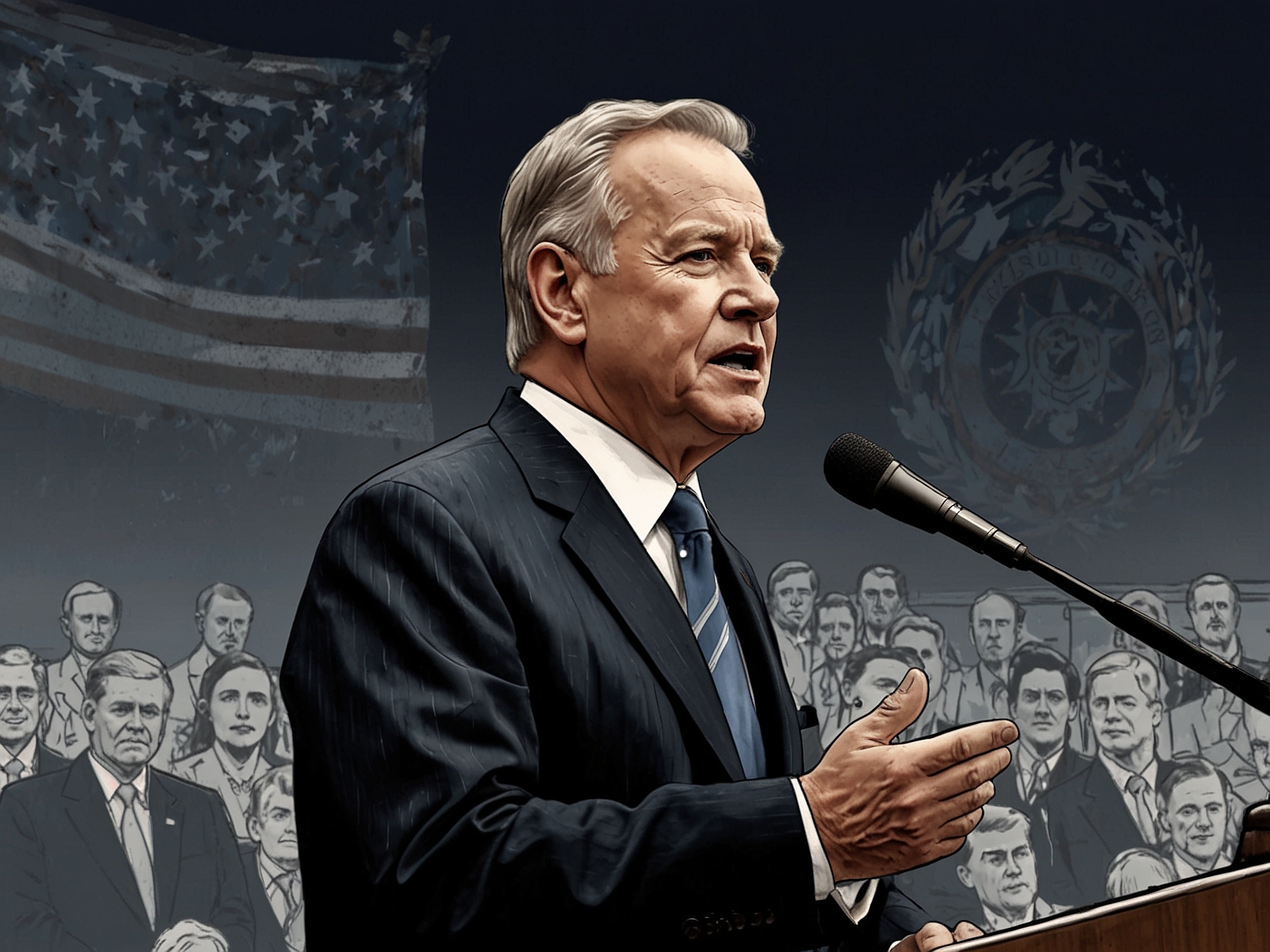An illustration of John Phelan giving a speech at a political event, highlighting his role in Trump's Navy nomination amidst concerns over his lack of military experience.
