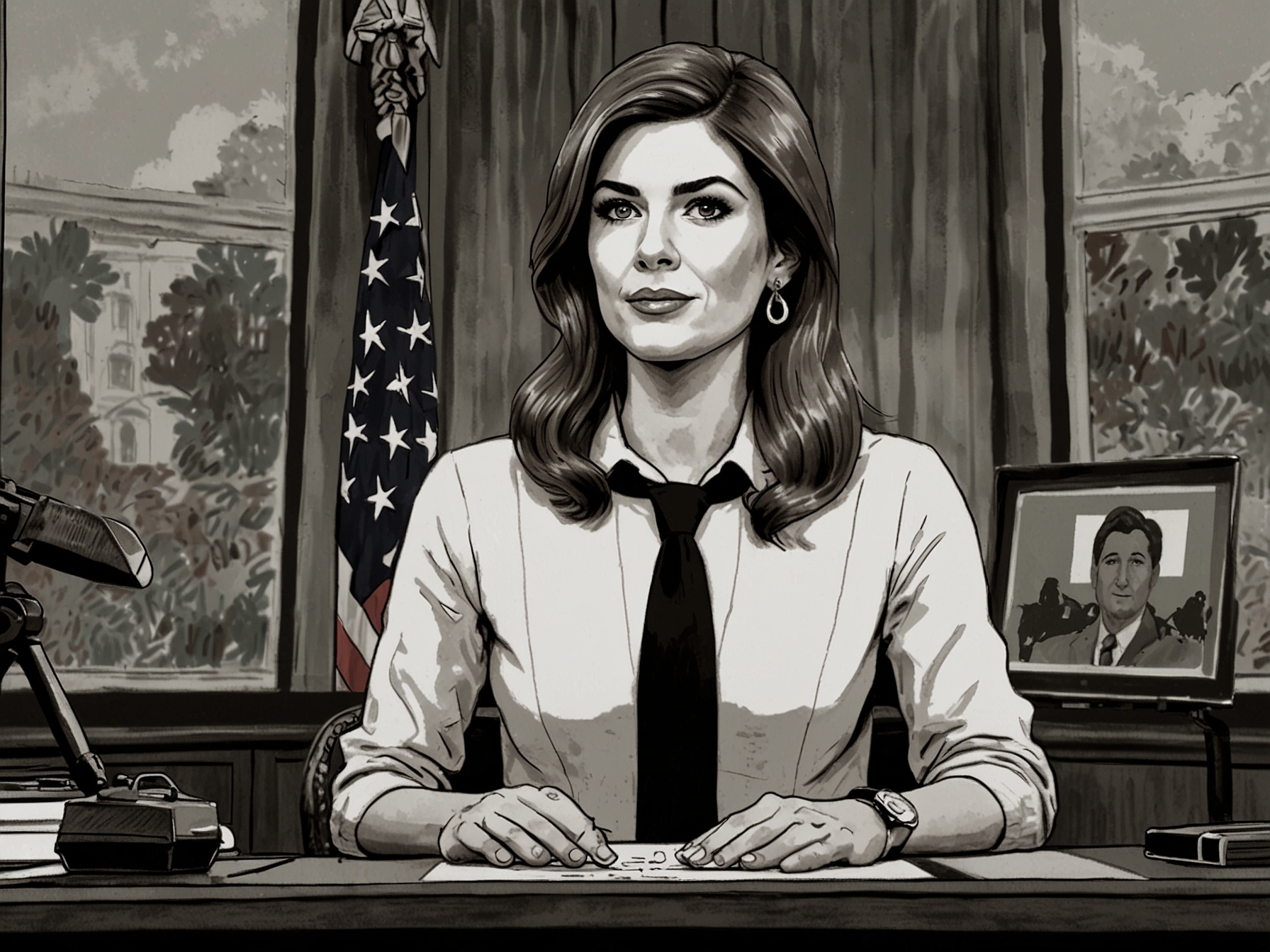 A confident Kaitlan Collins reporting live from the White House, with political banners in the background, symbolizing her dual role as anchor and correspondent.