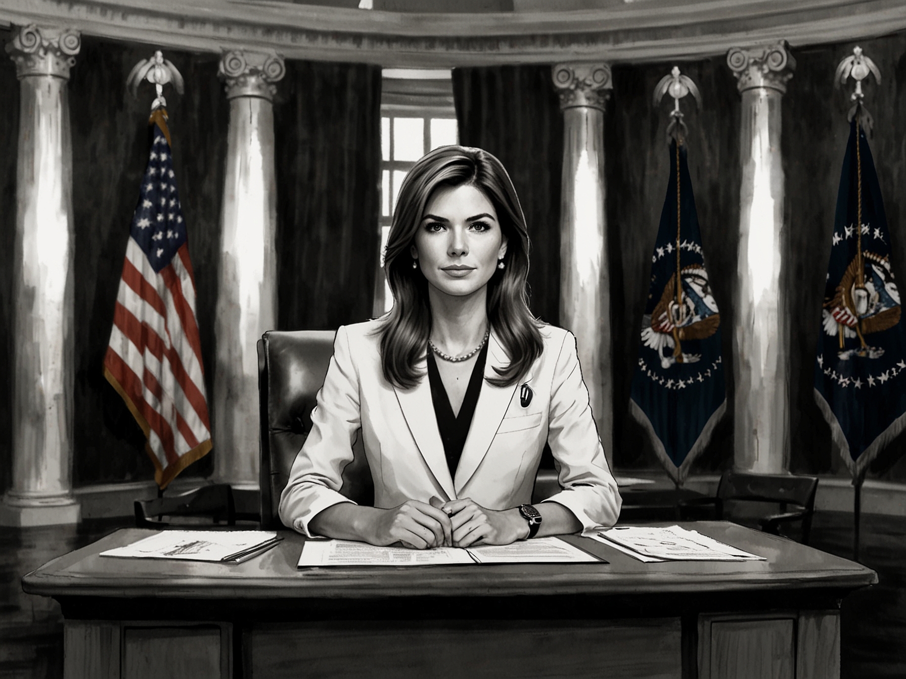 Kaitlan Collins sitting at her news desk with CNN branding, focused and ready to deliver breaking political news, embodying her prominent role at the network.