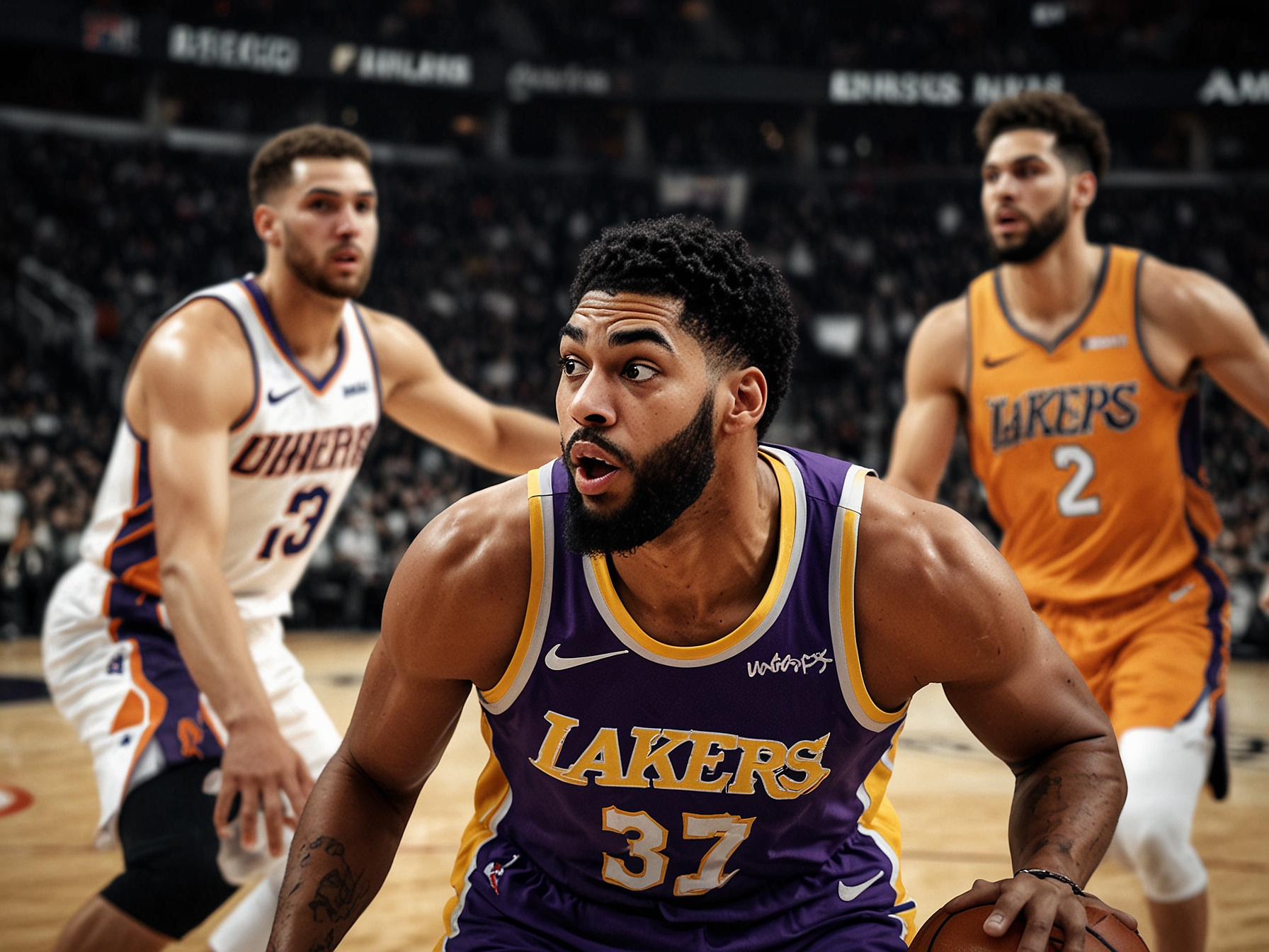 The Los Angeles Lakers' Anthony Davis drives to the basket while being guarded by Phoenix Suns players during the intense NBA Cup match, showcasing dynamic basketball action.