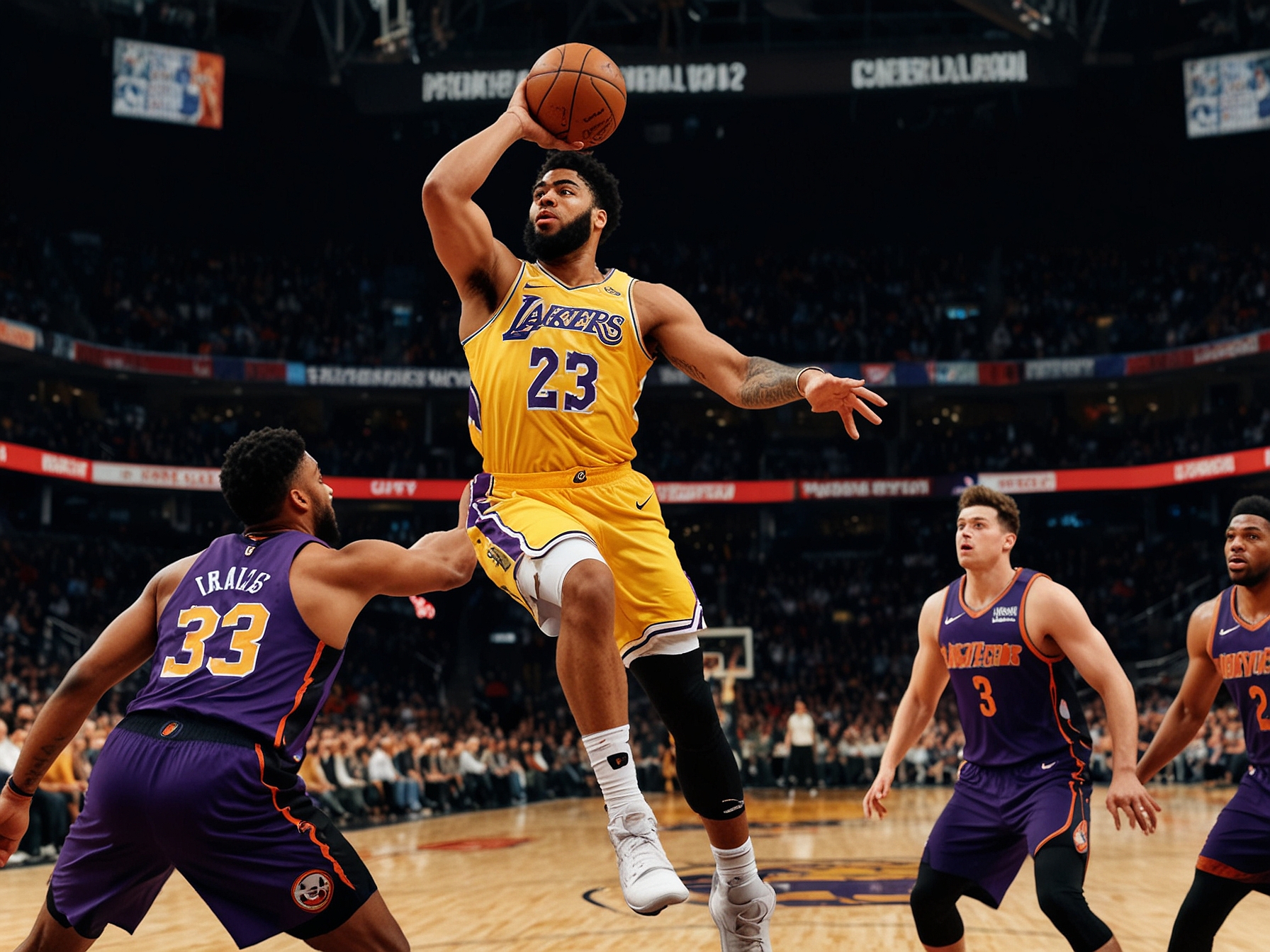 A tense moment in the NBA Cup game, capturing LeBron James mid-pass as he sets up a teammate for a shot, highlighting the synergy among the players despite the loss.