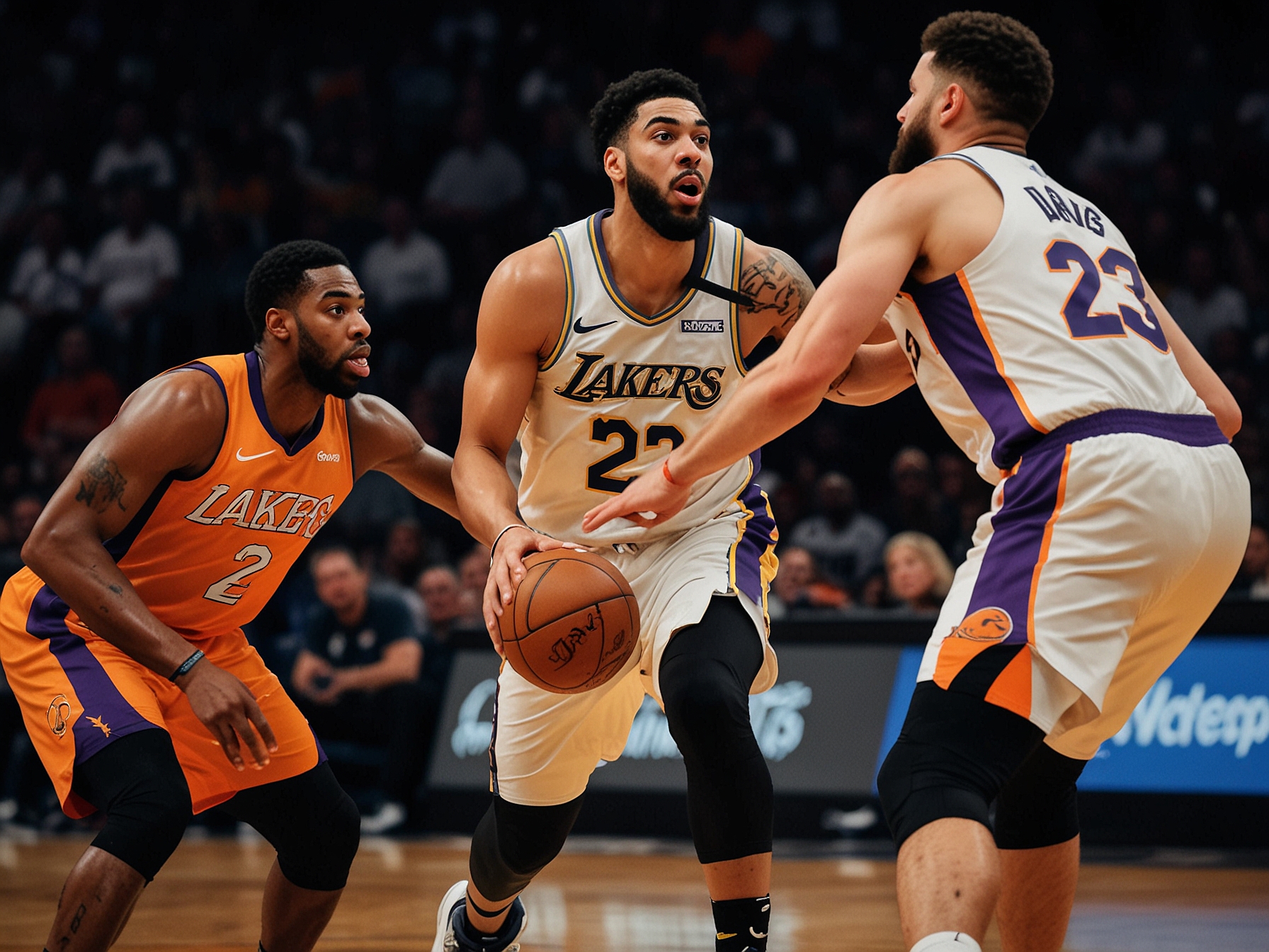 Fans in Lakers jerseys look on in disbelief from the stands, capturing the shocked reaction of Los Angeles supporters after their team's unexpected defeat to the Suns.