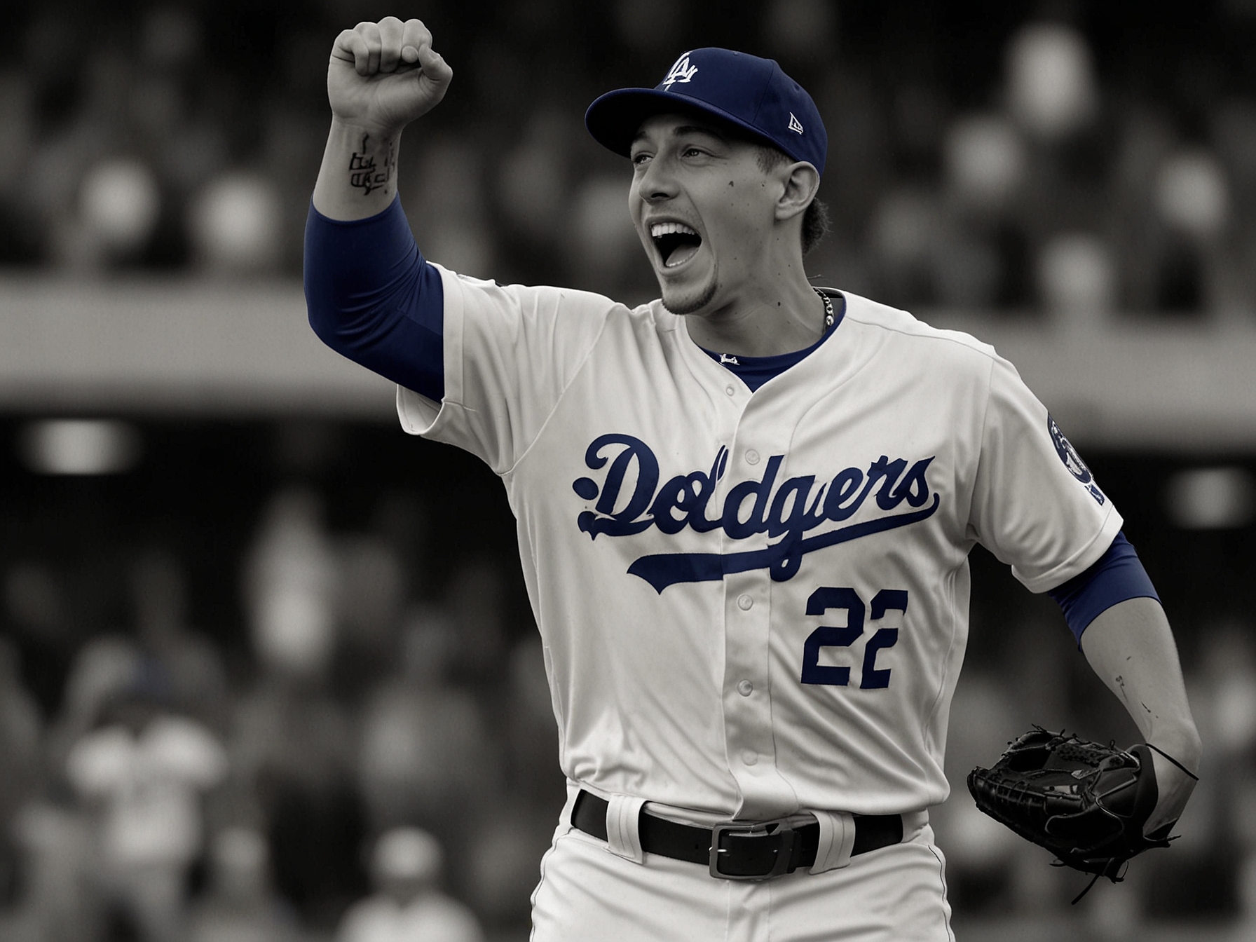 A graphic showing Blake Snell in a Dodgers uniform, celebrating after a strikeout, showcasing his enthusiasm and determination on the mound.