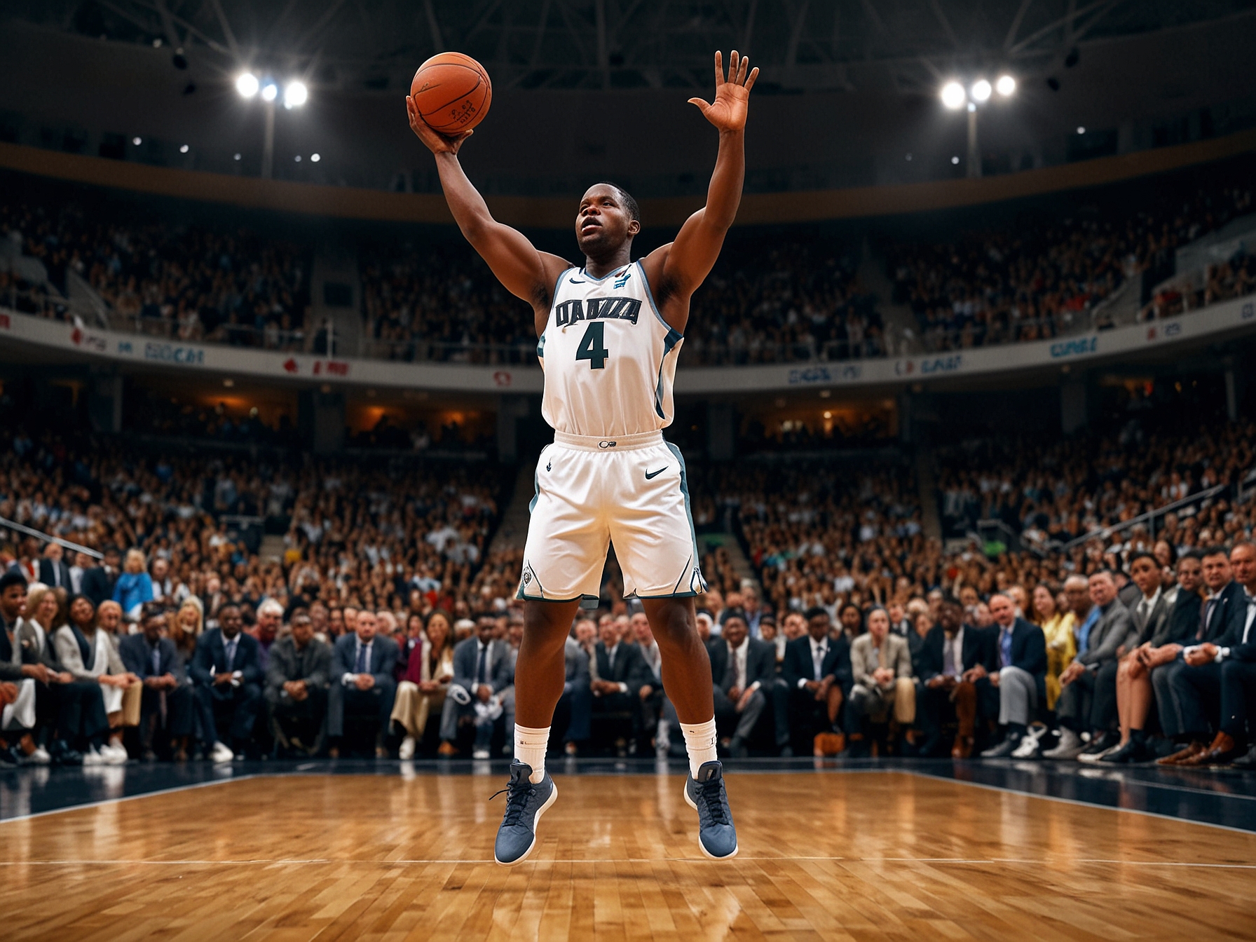Victor Wembanyama takes a shot from beyond the arc in a packed arena, showcasing his impressive height and skill as the crowd erupts in cheers. Stephon Castle is seen in the background, celebrating their team's momentum during the game against the Jazz.