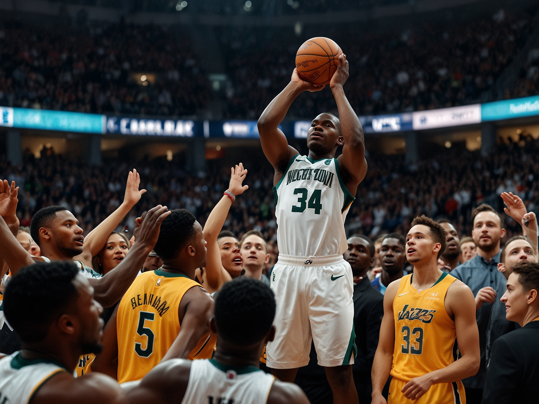 Stephon Castle celebrates after scoring a crucial basket against the Utah Jazz, surrounded by teammates, as fans wave Spurs flags in excitement.