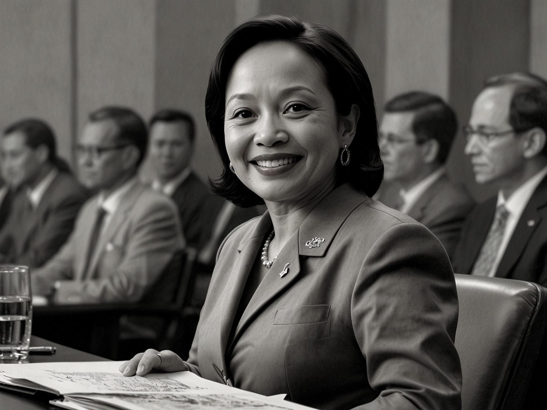 A close-up image of Gloria Arroyo giving a thumbs-up while mingling with political figures, symbolizing her support amidst political controversies and maneuvers in the House of Representatives.