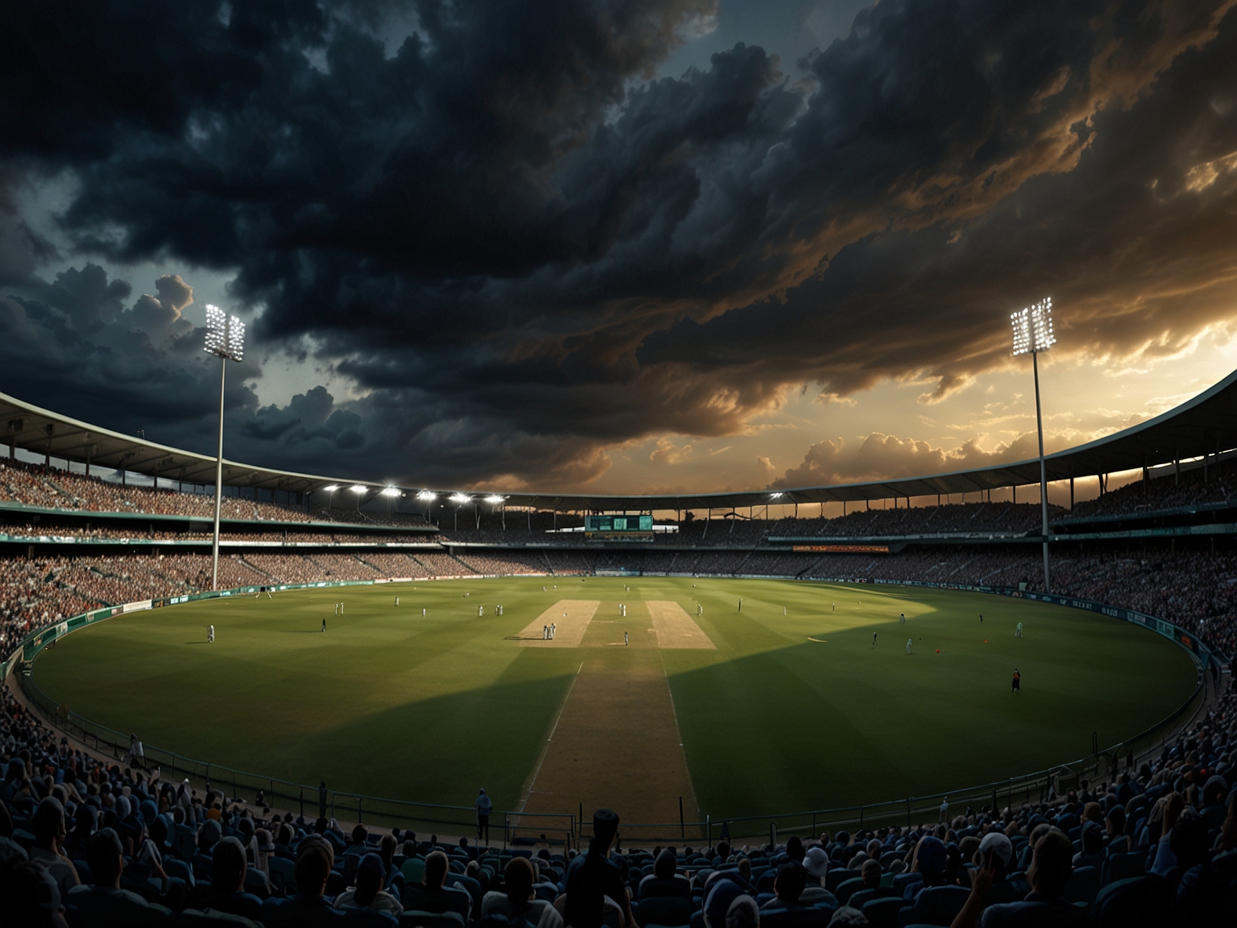 A dramatic shot capturing the cloudy skies over Kingsmead stadium, with cricket players gearing up to play, reflecting the tense atmosphere before the match.
