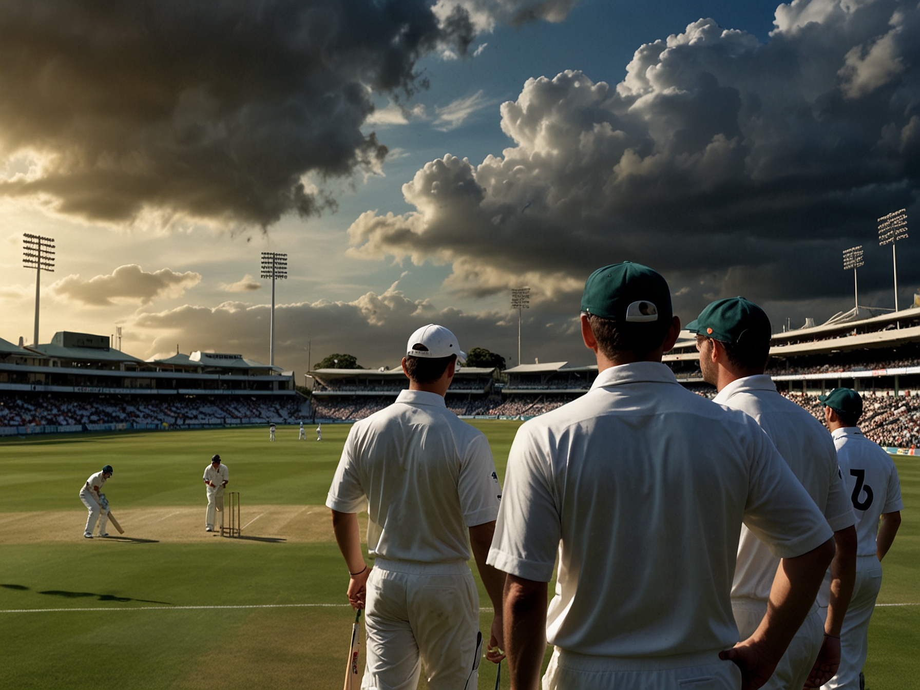 Kagiso Rabada in action, delivering a fast ball as South Africa's leading bowler, with Sri Lankan batsmen preparing to face the pace attack under overcast conditions.