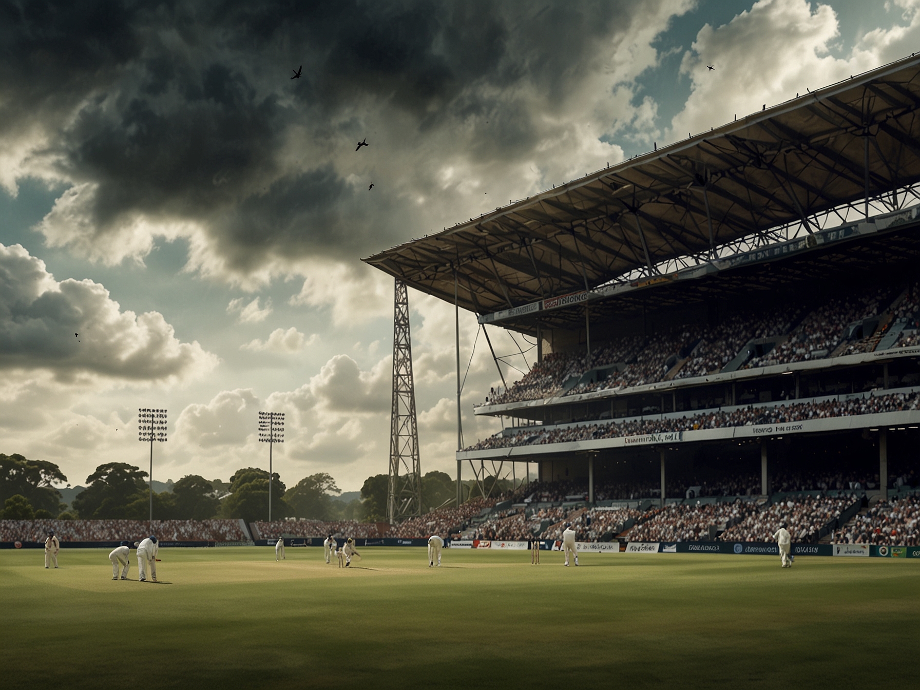 Sri Lankan captain Dhananjaya de Silva discussing strategies with his team while the heavy clouds loom overhead, highlighting the challenges posed by weather and pitch.