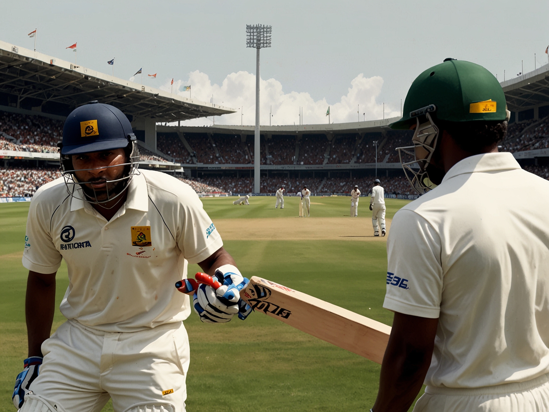 An intense cricket scene with players from Sri Lanka and South Africa facing off on the field, capturing the competitive spirit of Test match cricket. The image shows players in action, reflecting the pressure and strategy involved in the game as tension builds among fans and athletes alike.