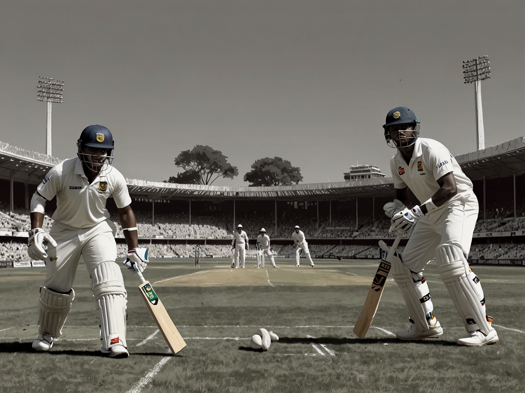 Fans cheering in the stands, showcasing the passionate support for the Sri Lankan cricket team as they take on South Africa. Colorful flags and enthusiastic expressions highlight the cultural significance of cricket in Sri Lanka.