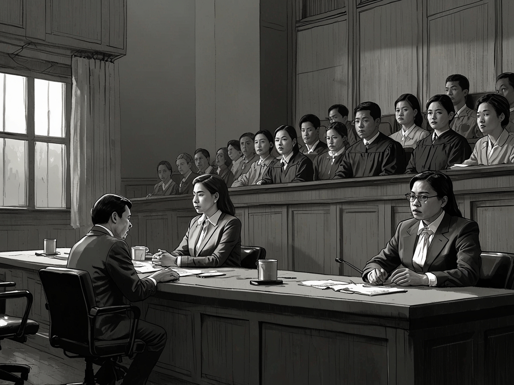 A tense courtroom scene depicting a judge and courtroom participants, symbolizing the ongoing legal drama involving Sara Duterte and Larry Gadon, reflecting the seriousness of disbarment discussions.