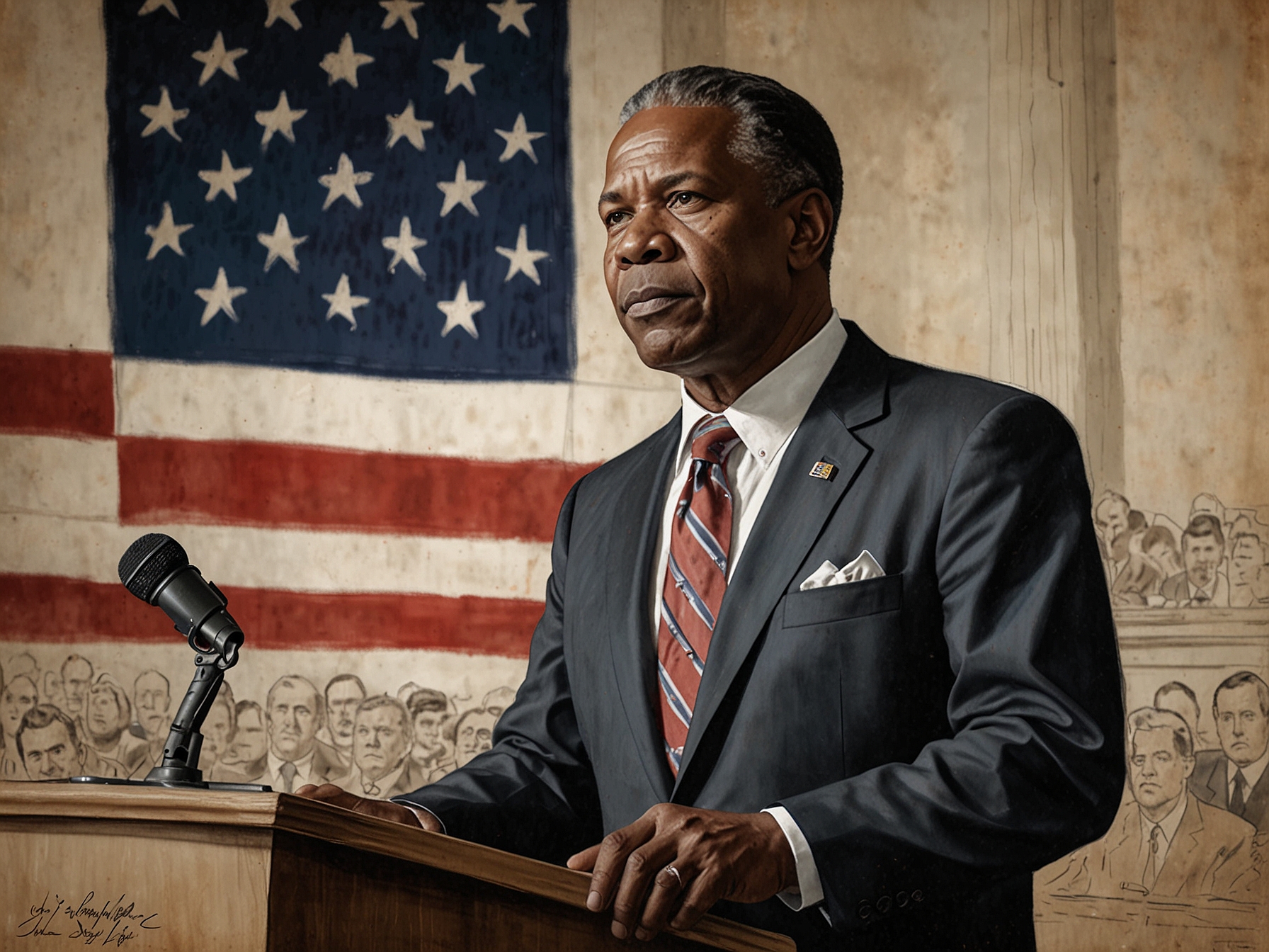 An image of Vince Haley standing confidently at a podium, with the U.S. flag in the background, symbolizing leadership and governance in American domestic policy. He appears engaged and focused, reflecting the weight of responsibility that comes with his new role.