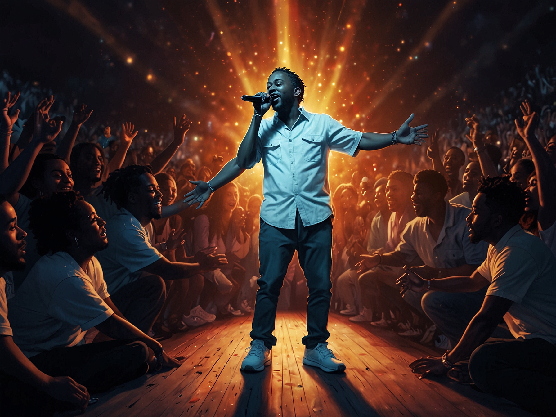 A dynamic concert scene featuring Kendrick Lamar performing passionately on stage, surrounded by vibrant lights and an engaged audience, showcasing his influence in hip-hop.