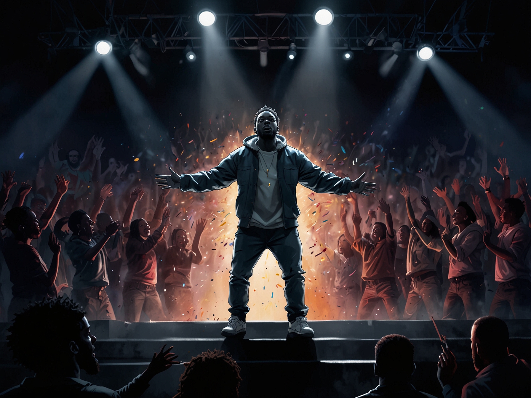 An artistic shot of Kendrick Lamar at a microphone, deep in thought, symbolizing his introspection and evolution as an artist amid industry challenges.