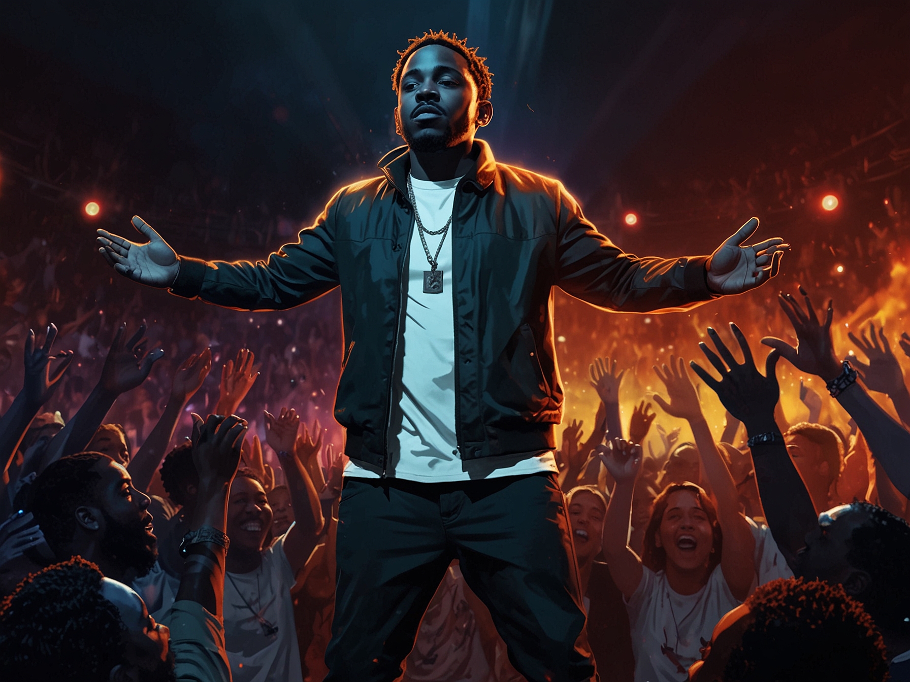 A powerful visual of Kendrick Lamar standing against a backdrop of urban graffiti, emphasizing themes of rebellion and cultural celebration in his music.