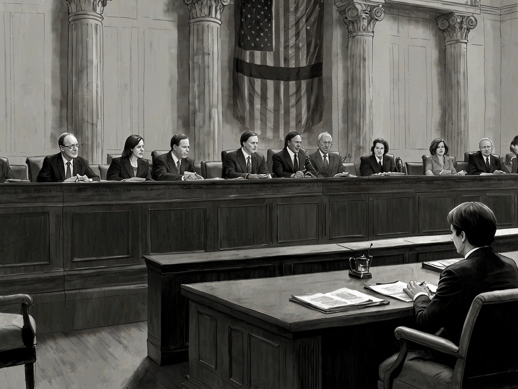 An illustration capturing Justices Samuel Alito and Elena Kagan engaged in a heated debate inside the Supreme Court, with an American flag prominently displayed in the background. The room is filled with tension as onlookers watch their rhetorical clash unfold.