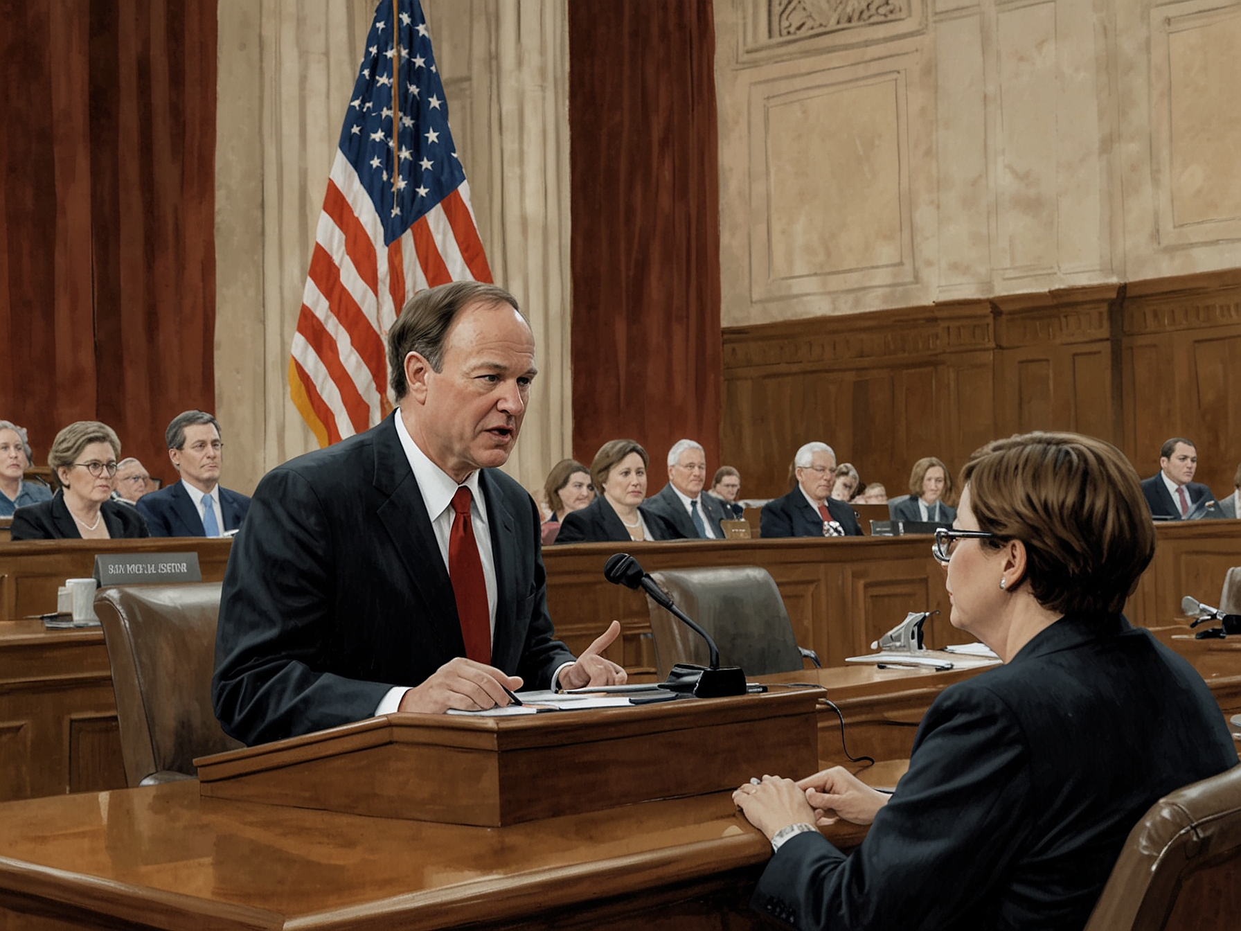 A dramatic courtroom scene showcasing Justices Alito and Kagan at their respective benches, with expressions of determination and engagement, highlighting the high stakes of their legal discussions and the impact of their decisions.