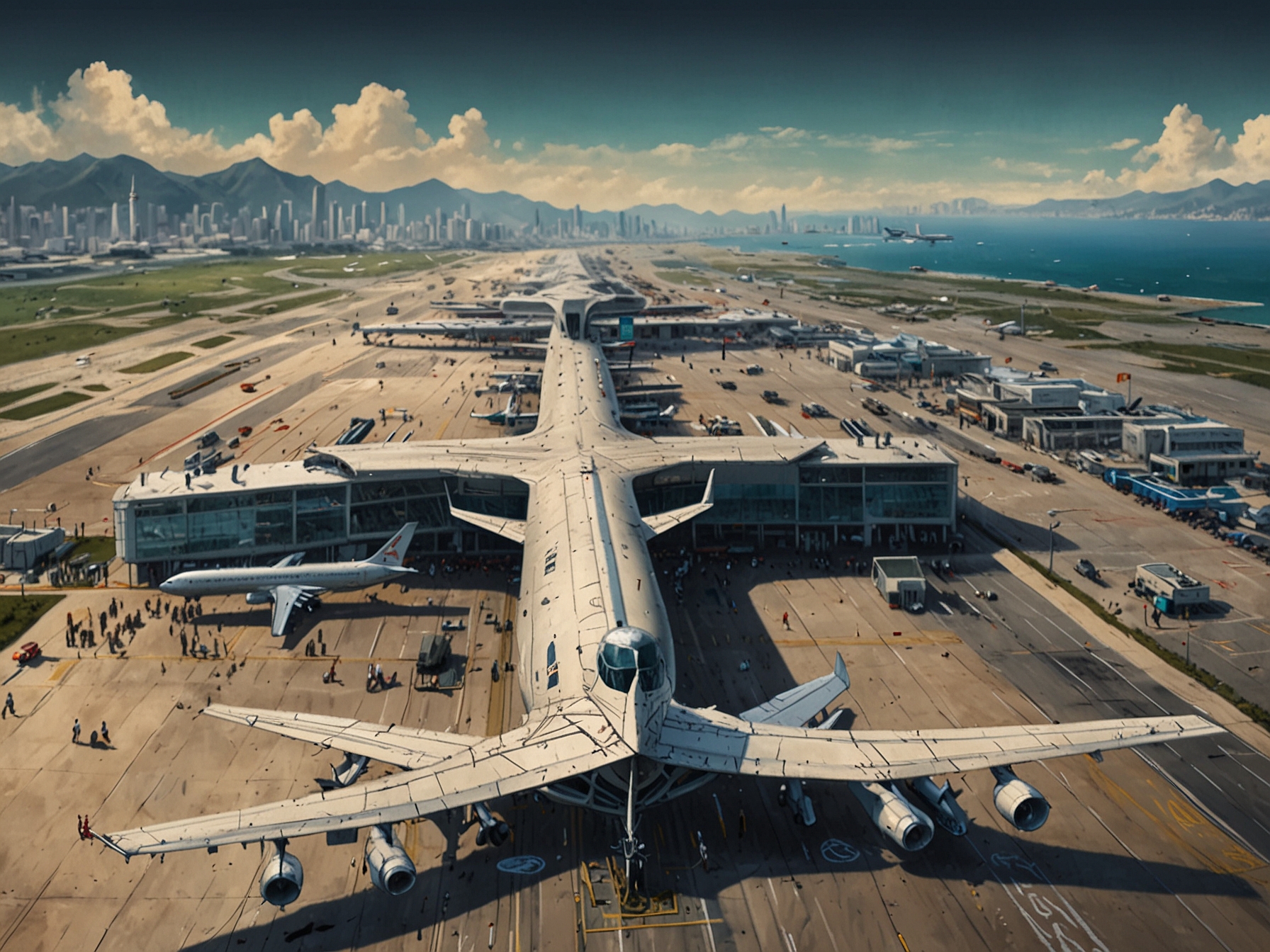 An aerial view of Hong Kong International Airport showcasing the newly opened third runway, highlighting the bustling activity and planes preparing for takeoff.