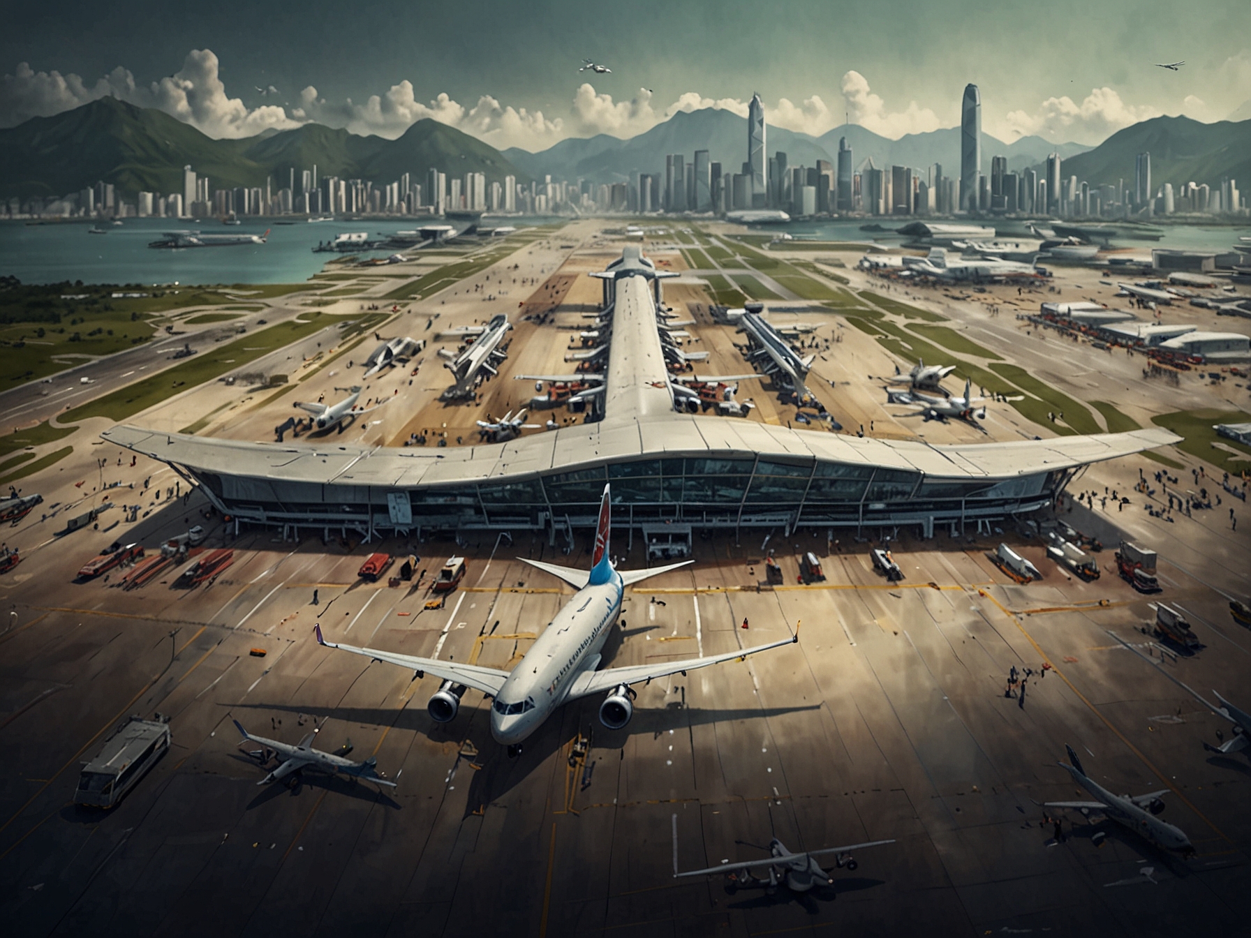 Cathay Pacific aircraft on the tarmac, framed against the skyline of Hong Kong, symbolizing the airline's commitment to expansion and modernization.