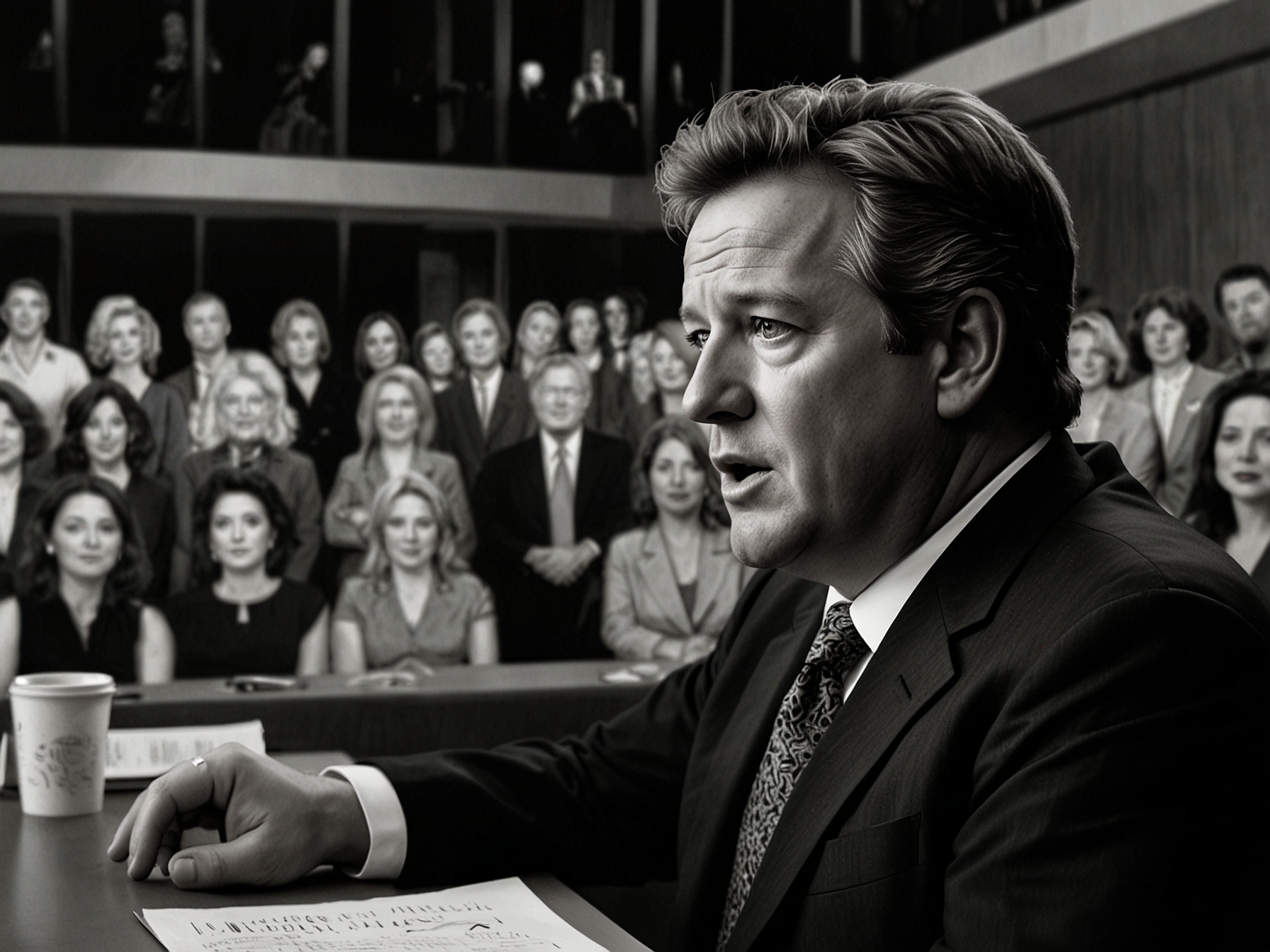 An illustration featuring Piers Morgan with a stern expression, juxtaposed against a divided audience watching 'The View'. The image reflects a tense political atmosphere post-election, symbolizing the show's impact on public discourse.