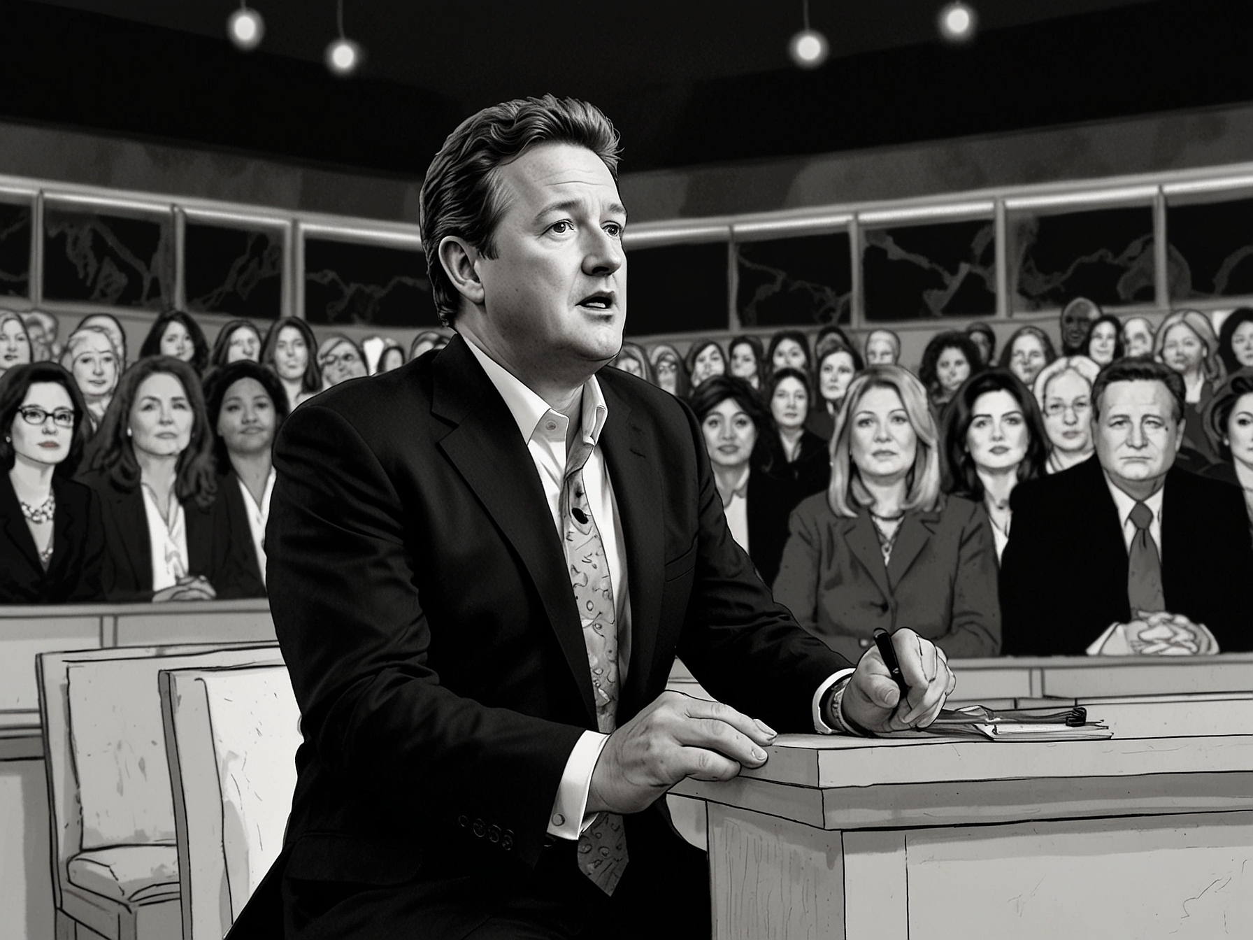 A political cartoon depicting Piers Morgan presenting a megaphone to a television screen displaying 'The View', suggesting the show's need for change in approach to engage with a broader audience.