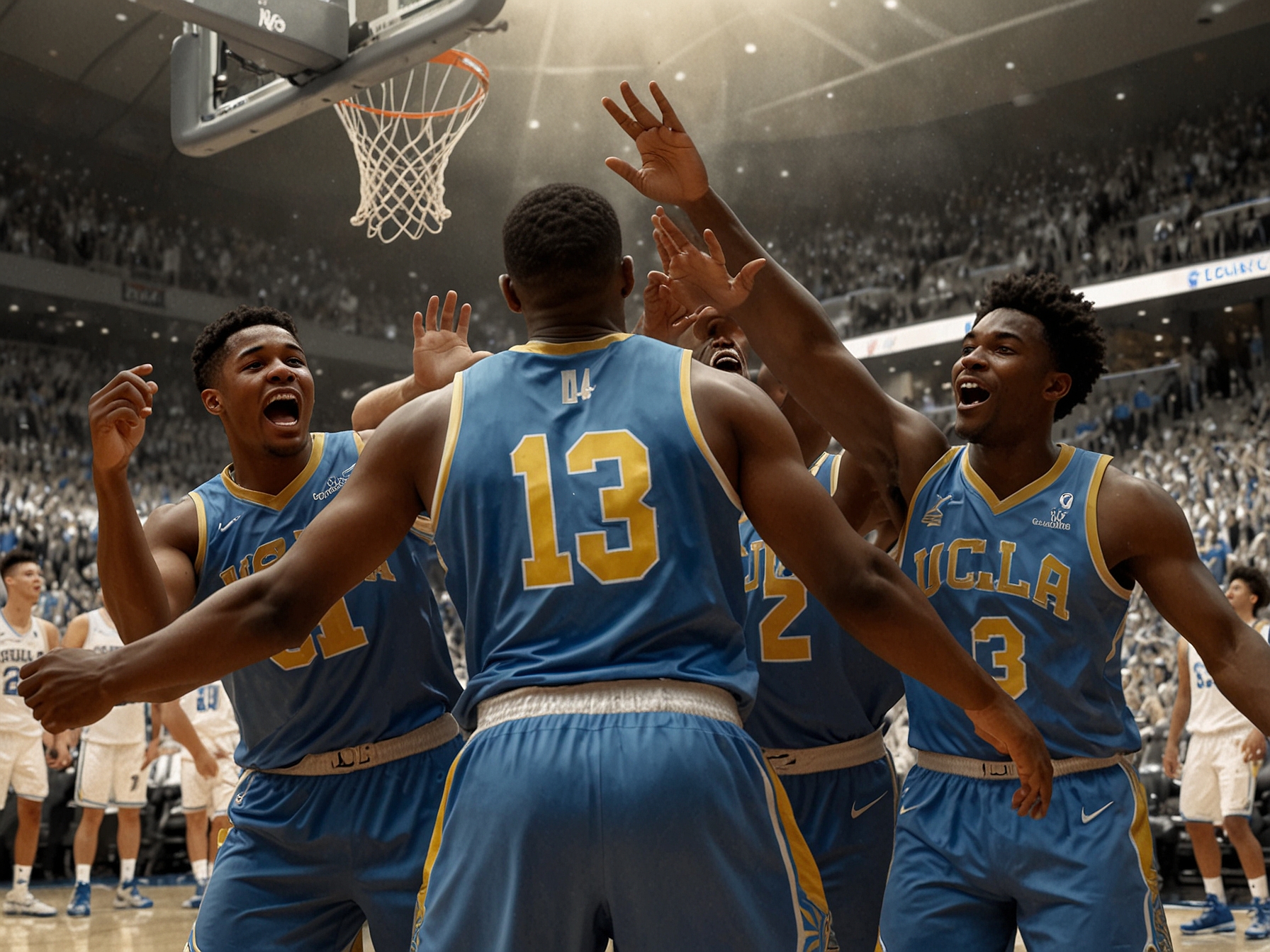 A thrilling shot of the UCLA Bruins celebrating their dominant victory against Southern Utah, with players demonstrating teamwork on the court.