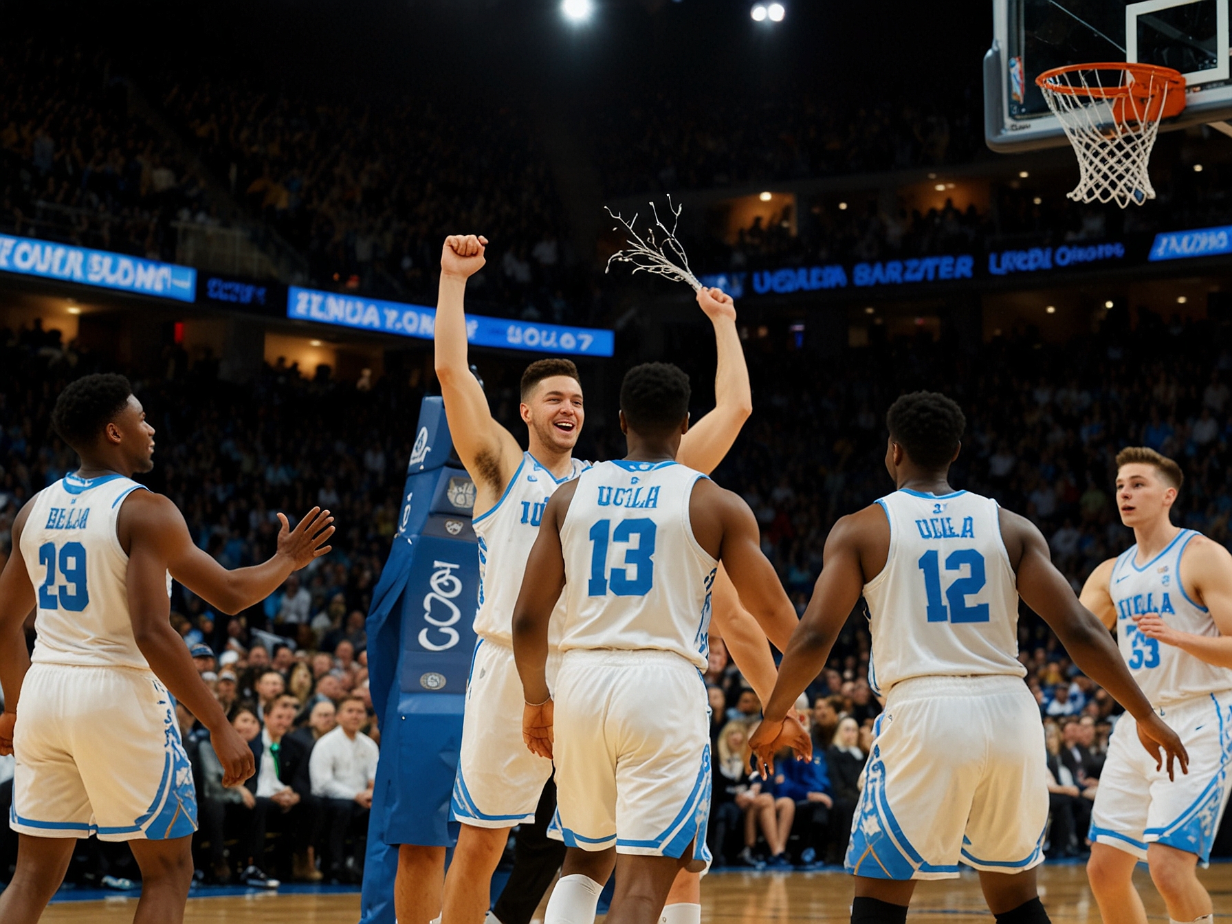 Lazar Stefanovic in action, scoring points off the bench during the game, reflecting the depth and talent of the Bruins' roster.