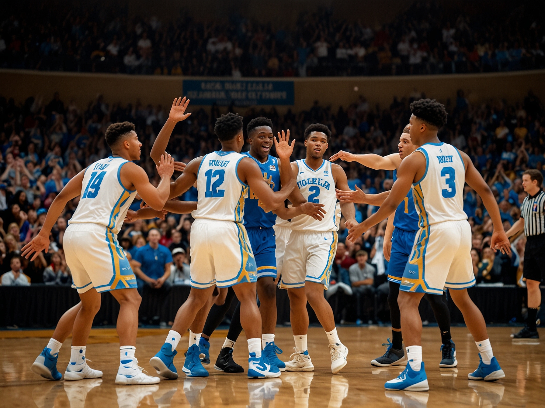 The scoreboard displays the stunning score of 88-43, capturing the essence of UCLA's blowout victory, with fans cheering in the background.