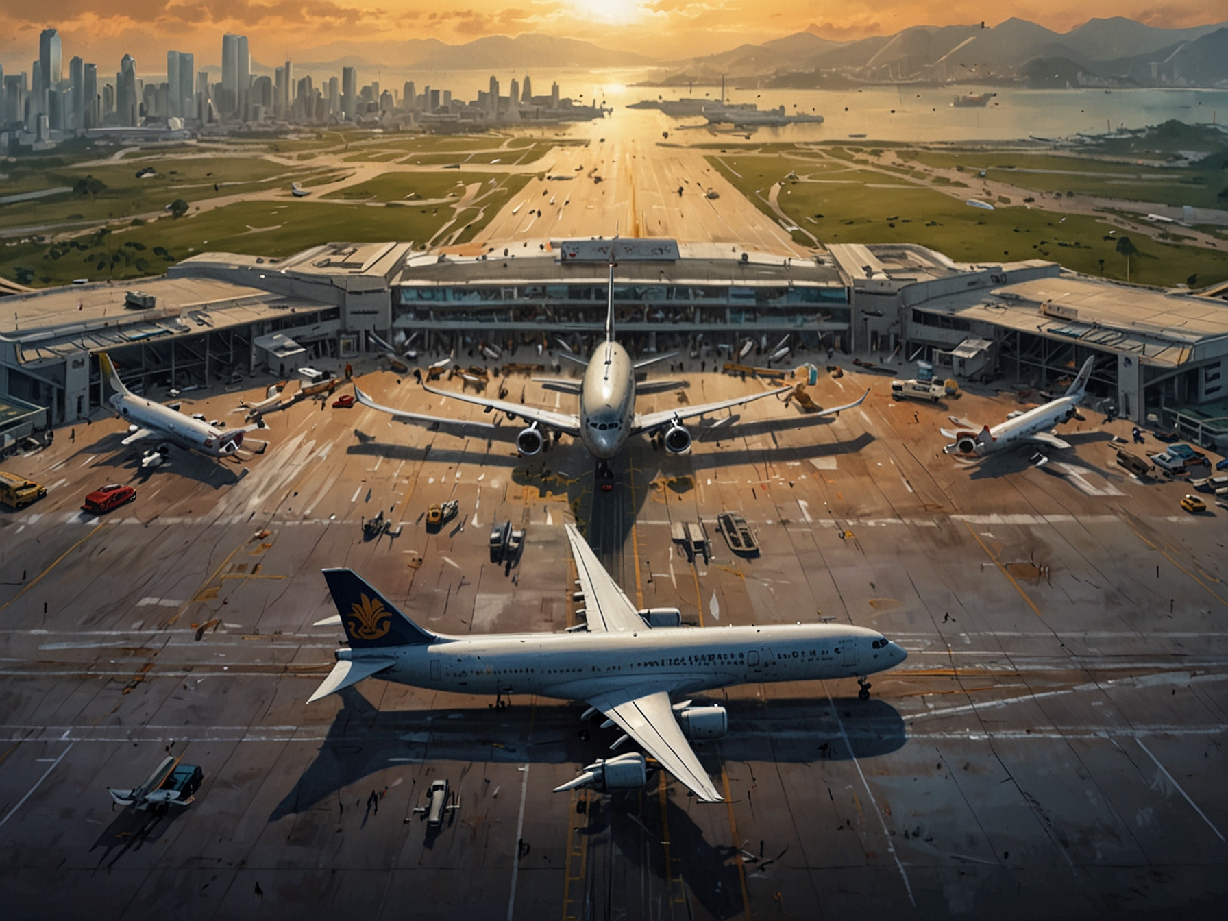 An aerial view of Hong Kong International Airport showcasing the newly constructed three-runway system with planes taking off and landing, symbolizing growth and connectivity.