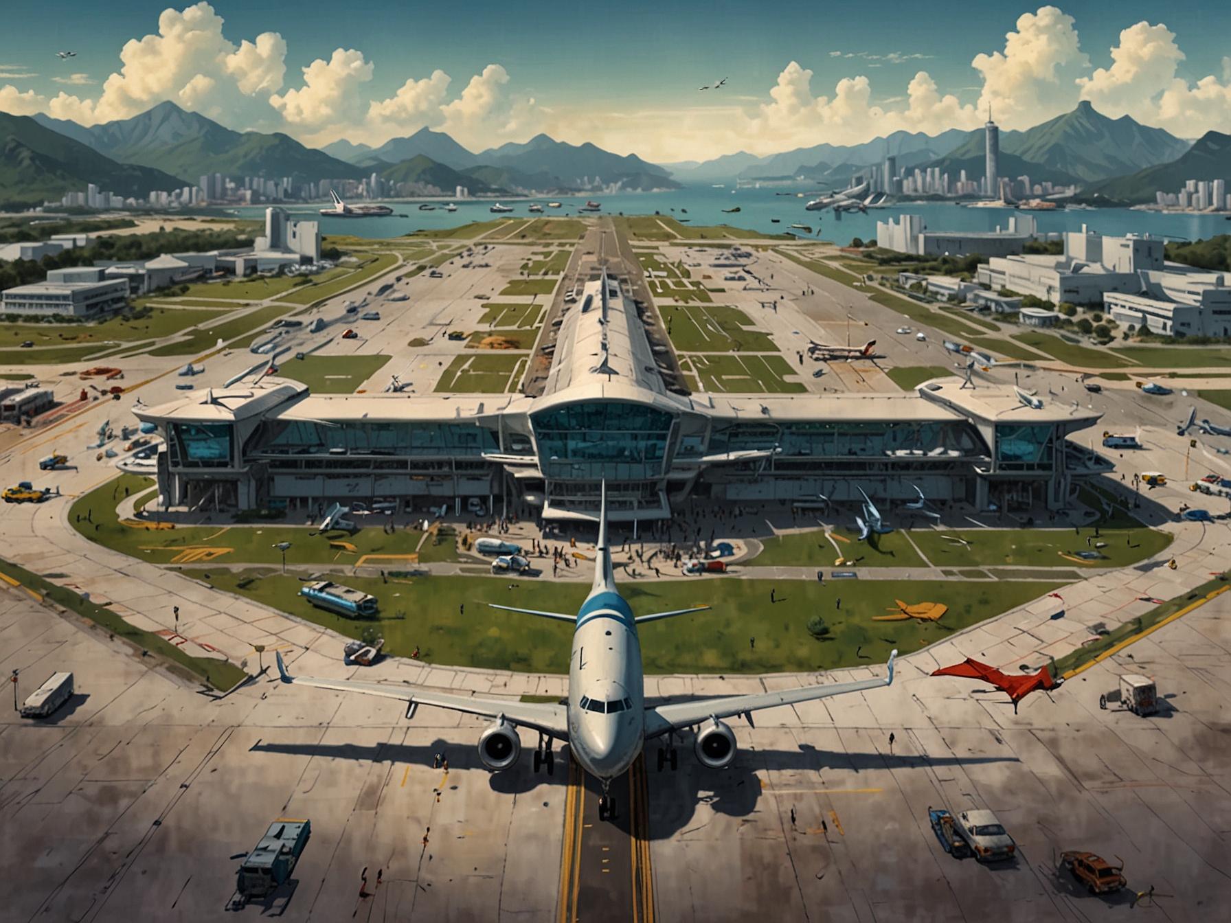 A bustling cargo area at Hong Kong International Airport, filled with containers and cargo handling equipment, illustrating the increased logistics capabilities after the runway expansion.